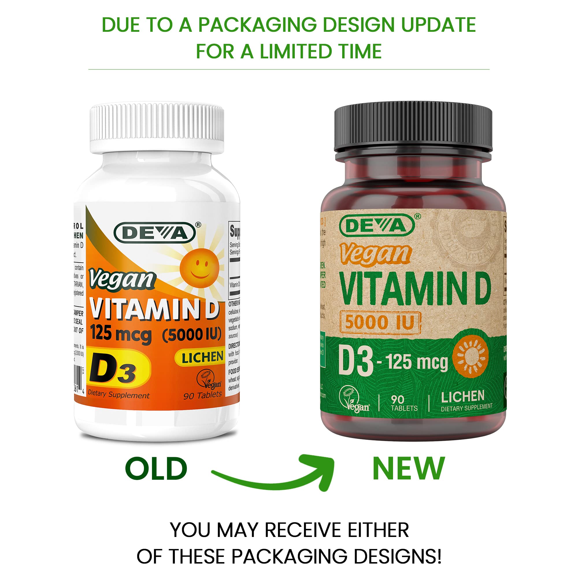 DEVA Vitamin D3 5000 IU capsules provide plant-based D3 for vegan diets
