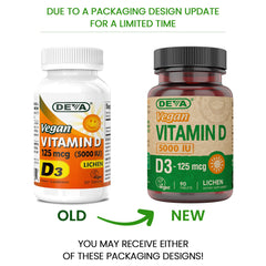 DEVA Vitamin D3 5000 IU capsules provide plant-based D3 for vegan diets