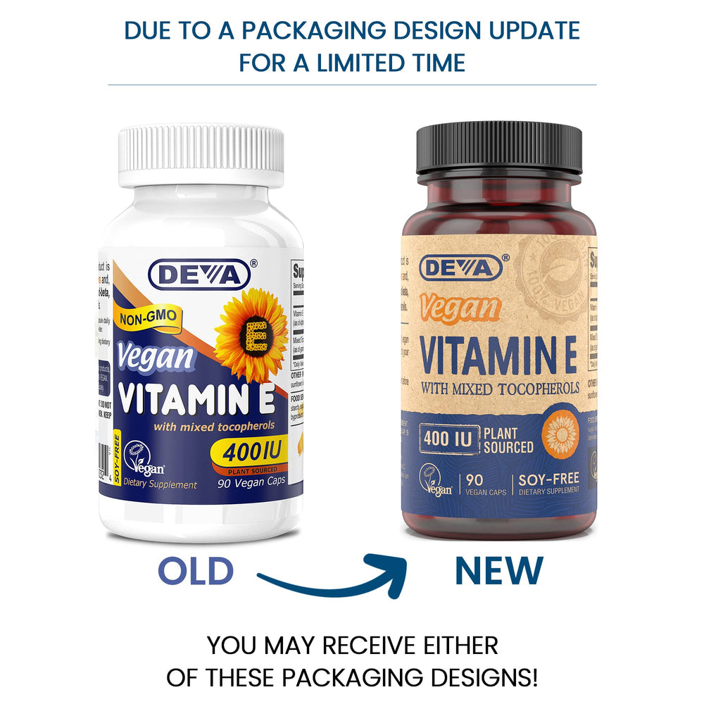 DEVA vitamin E 400IU capsules close-up highlighting natural plant-based tocopherols.