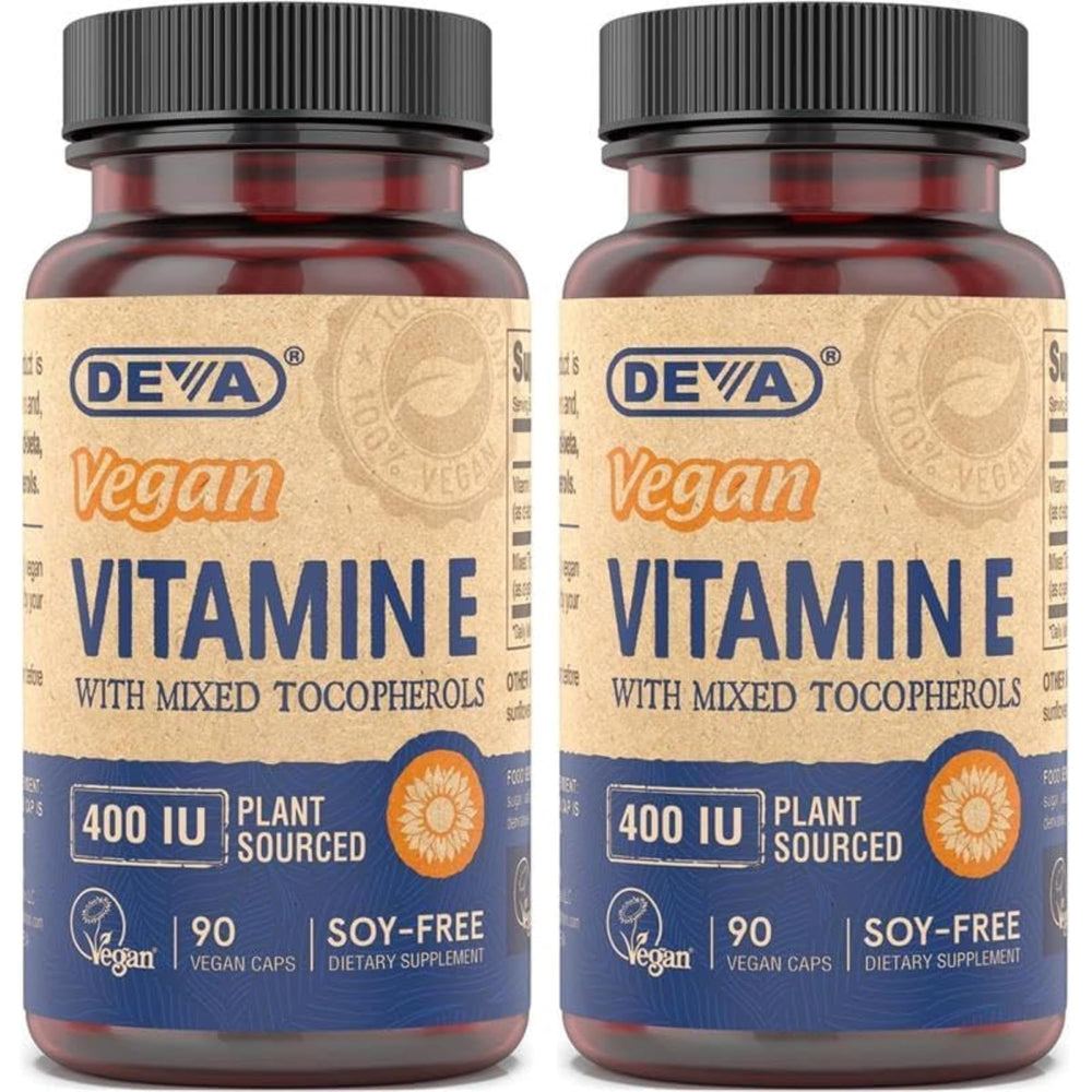 DEVA Vitamin E 400IU bottle showing plant-based tocopherols from sunflowers for daily support