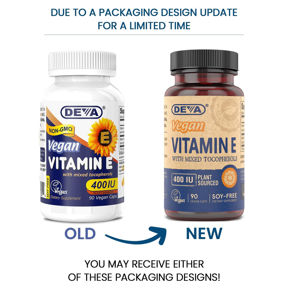 DEVA Vitamin E 400IU capsules derived from sunflower source, vegan and easy to swallow