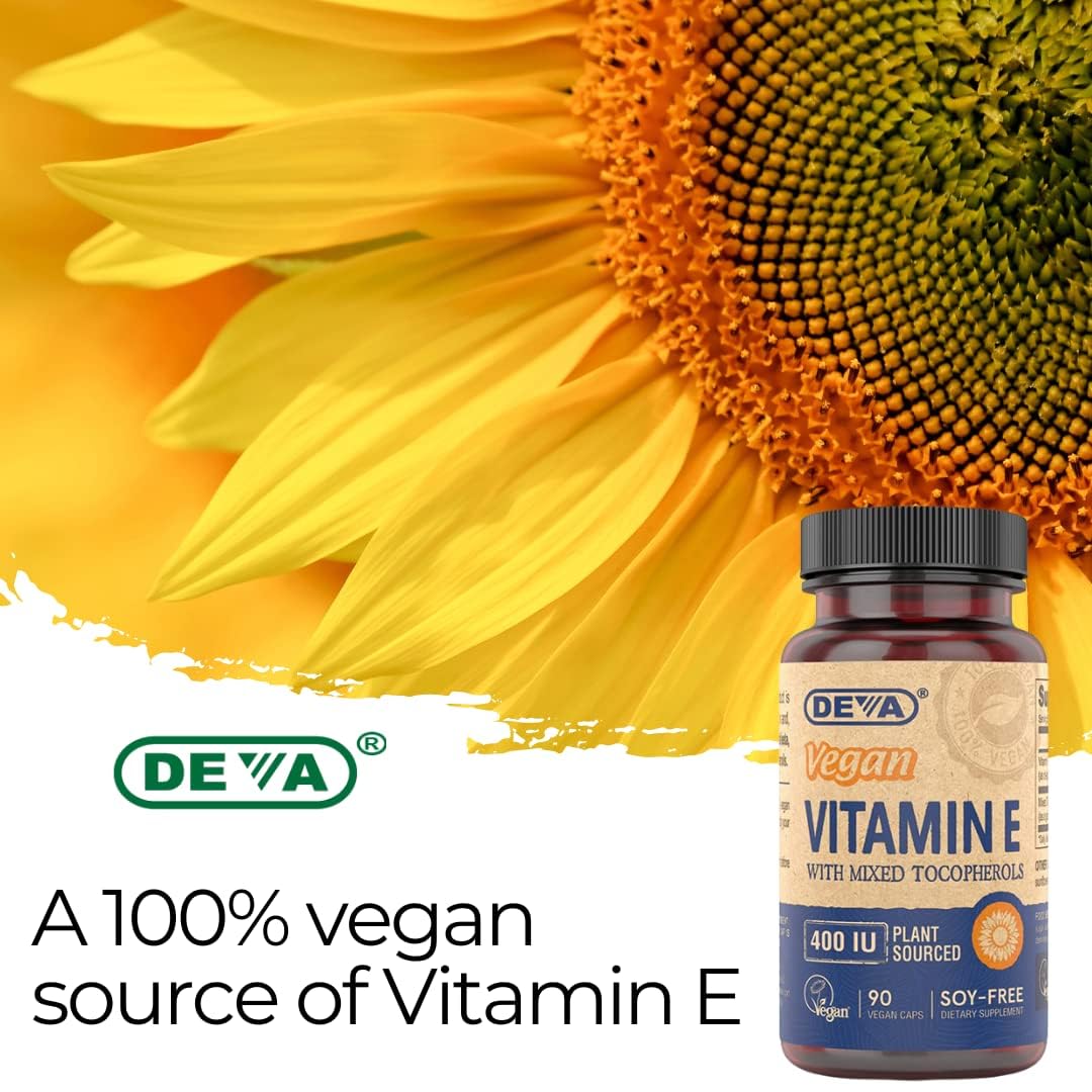 Closeup of DEVA Vitamin E label highlighting mixed tocopherols