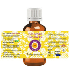 Deve Herbes Ajwain oil label closeup shows purity and steam-distillation origin.