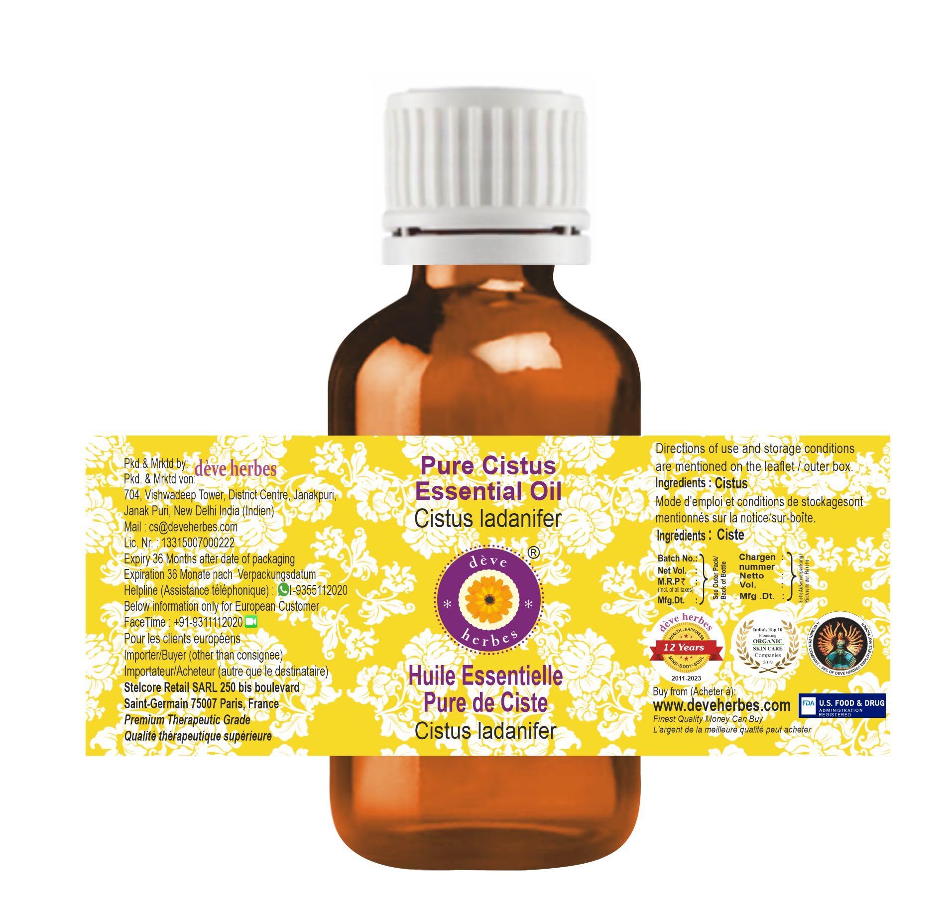 Deve Herbes amber-glass bottle highlights premium Cistus oil for clean aroma.