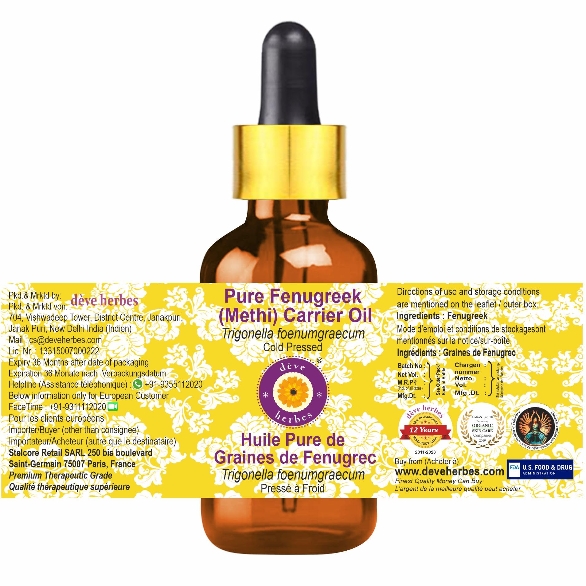 Deve Herbes amber glass bottle preserves potency of cold-pressed fenugreek oil.