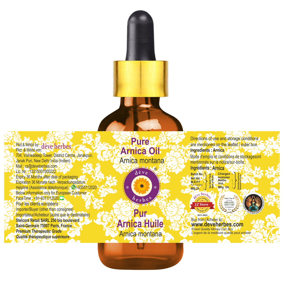 Close-up of Deve Herbes Arnica Oil label showing natural ingredients