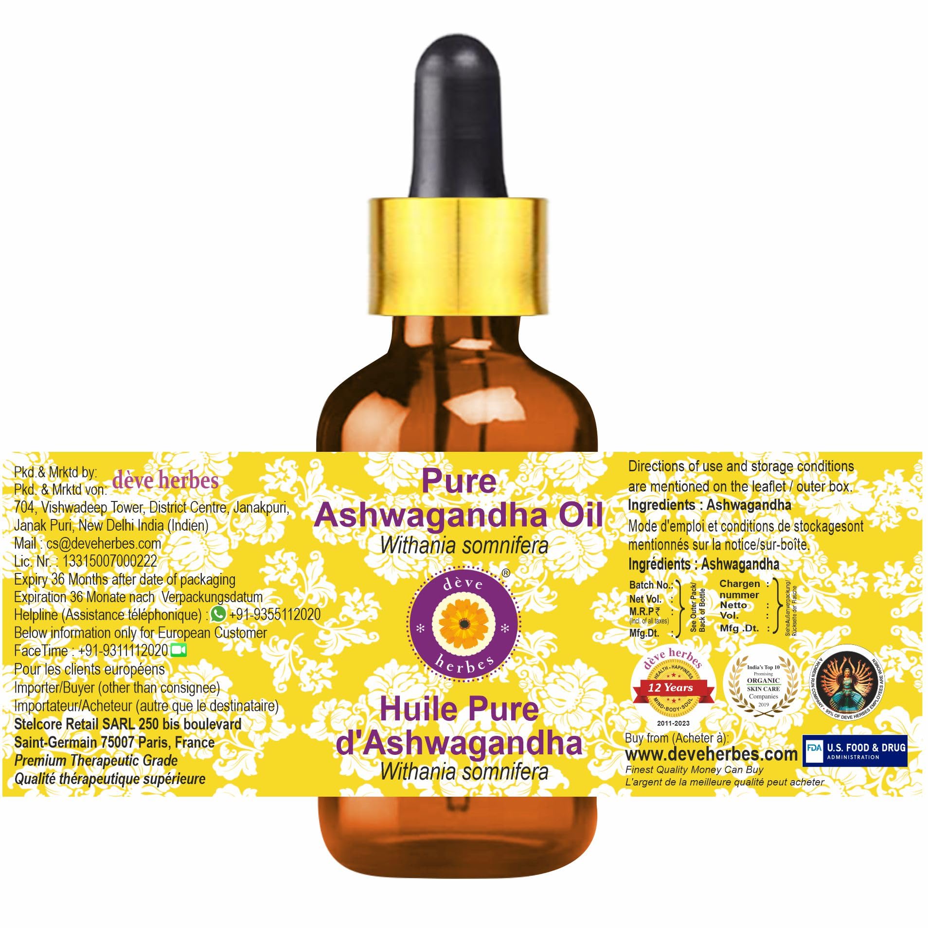Deve Herbes Ashwagandha Oil label close-up showing purity.