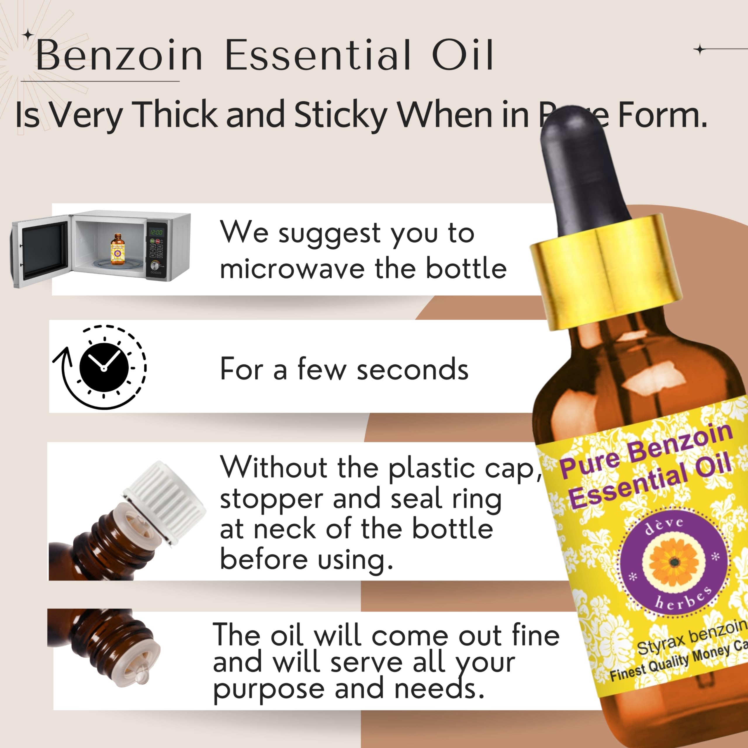 deve herbes benzoin essential oil amber glass bottle ready for storage.