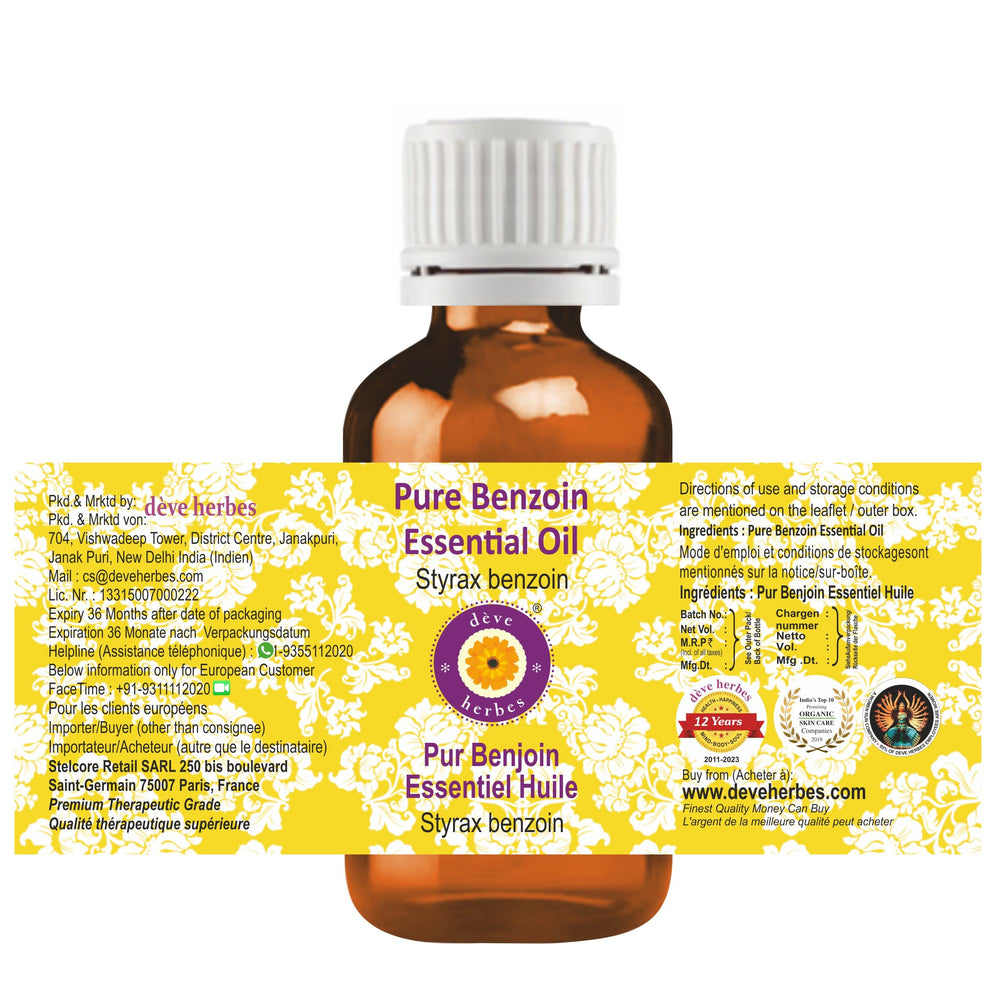 deve herbes benzoin essential oil label clearly shows origin and purity.