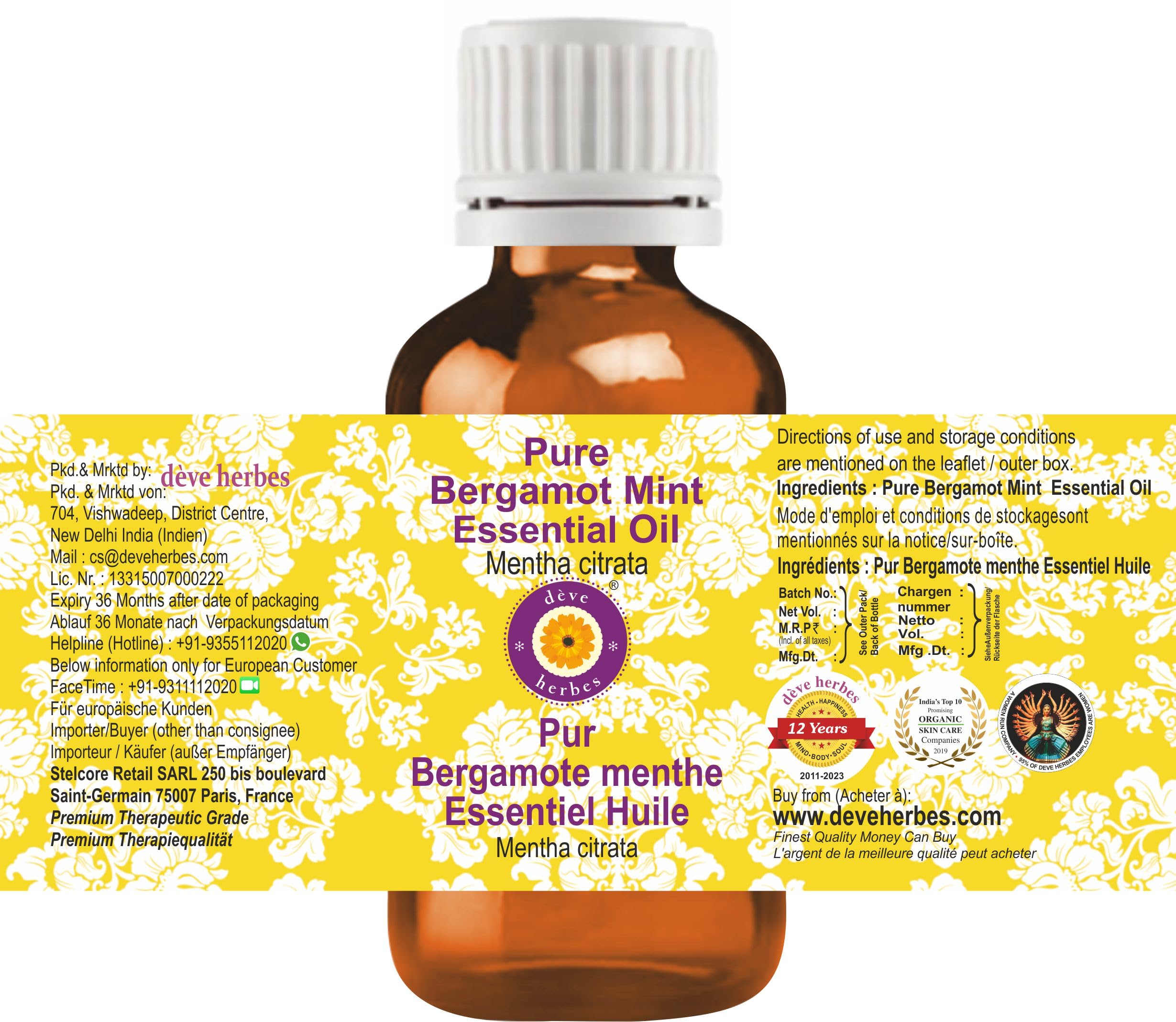 deve herbes bergamot-mint essential oil drops on skin-care routine, illustrating subtle aroma benefits