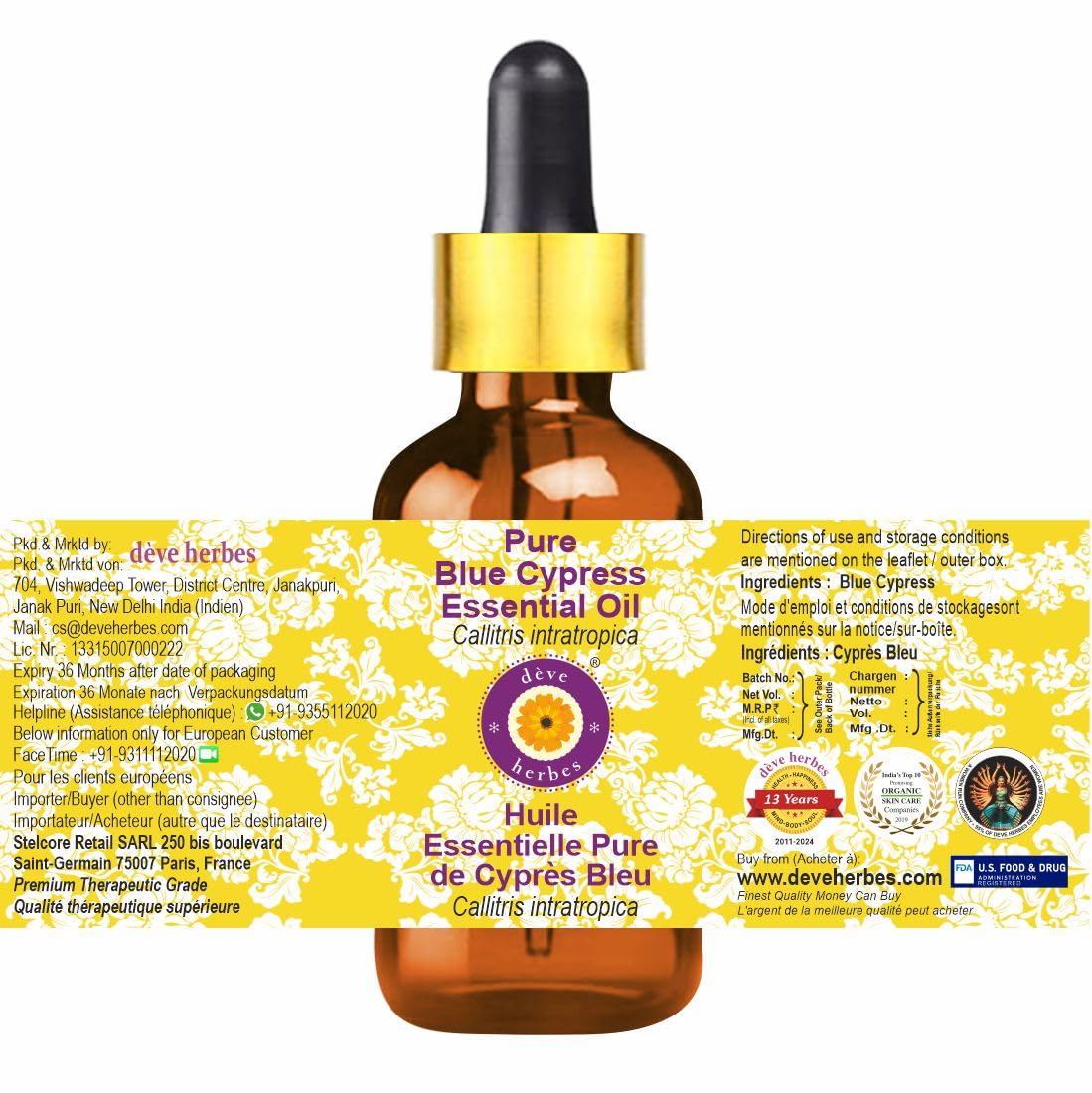 Deve Herbes blue cypress oil dropper cap close-up for easy dosing