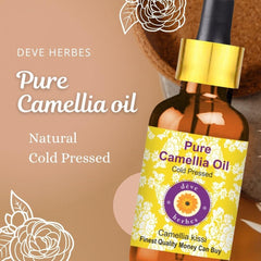 Close cap and label of Deve Herbes Camellia Oil highlighting purity