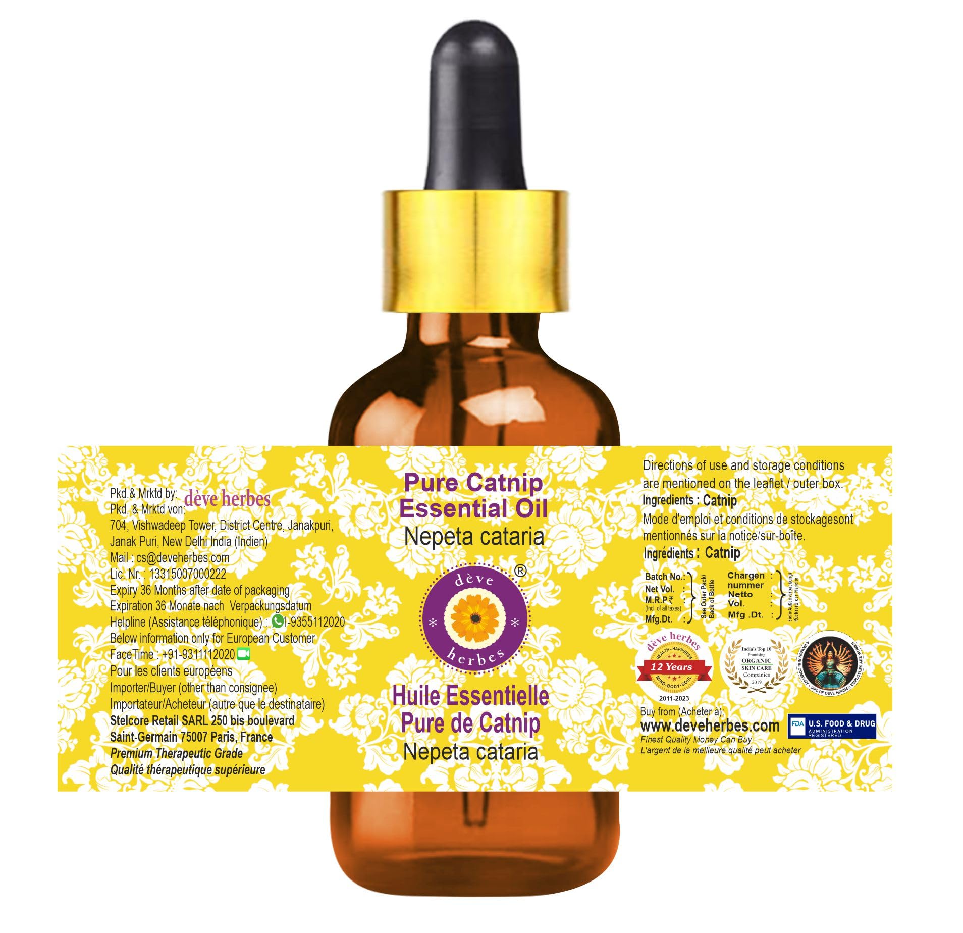 Deve Herbes Catnip Oil steam-distilled, label close-up indicating purity.