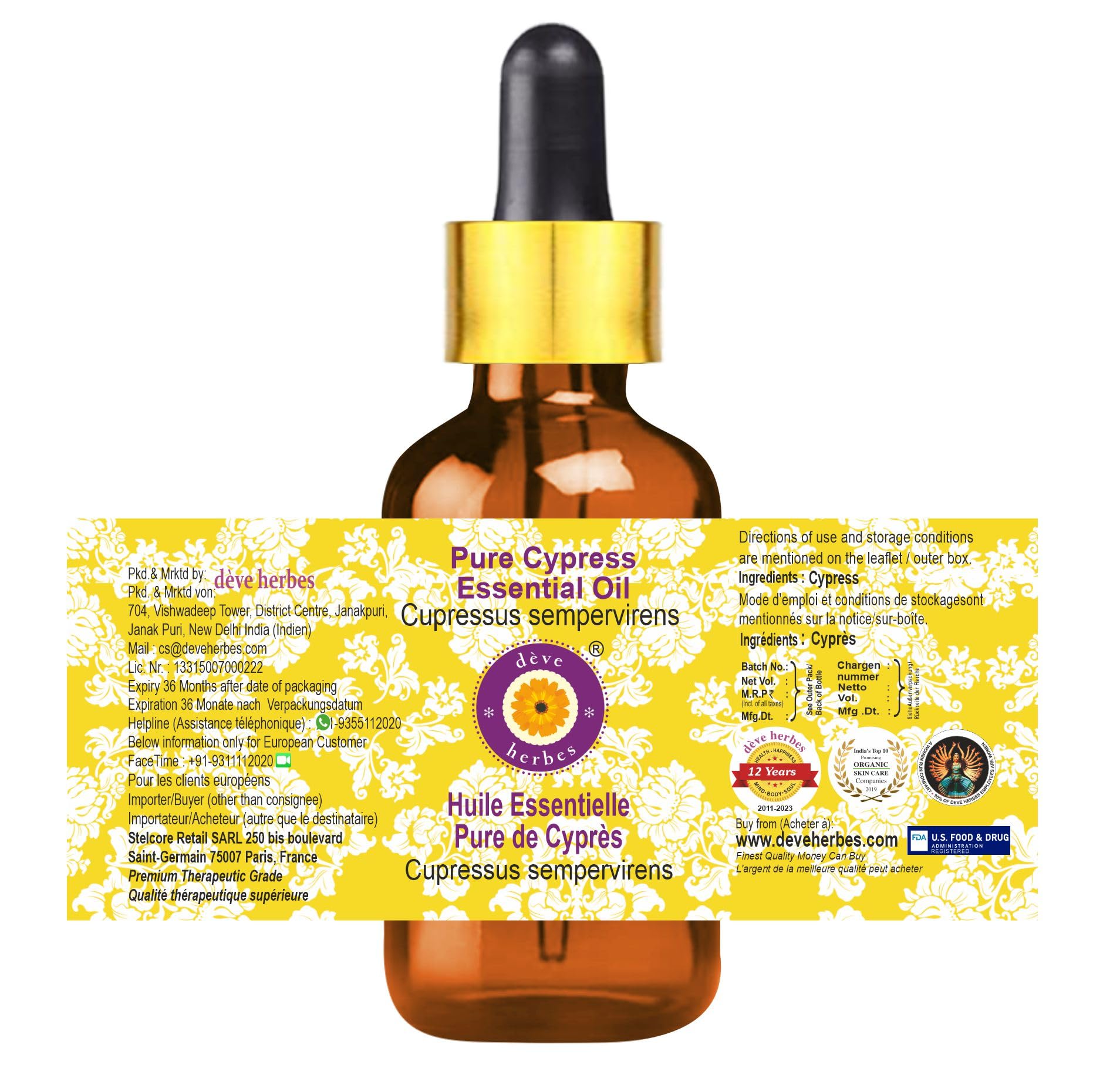 dève herbes Cypress essential oil amber bottle protects potency during storage.