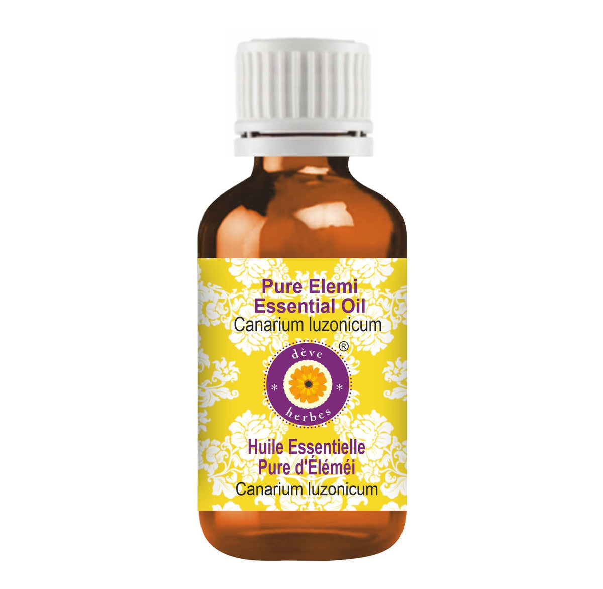 Deve Herbes Elemi essential oil bottle closeup for pure, potent skincare prep