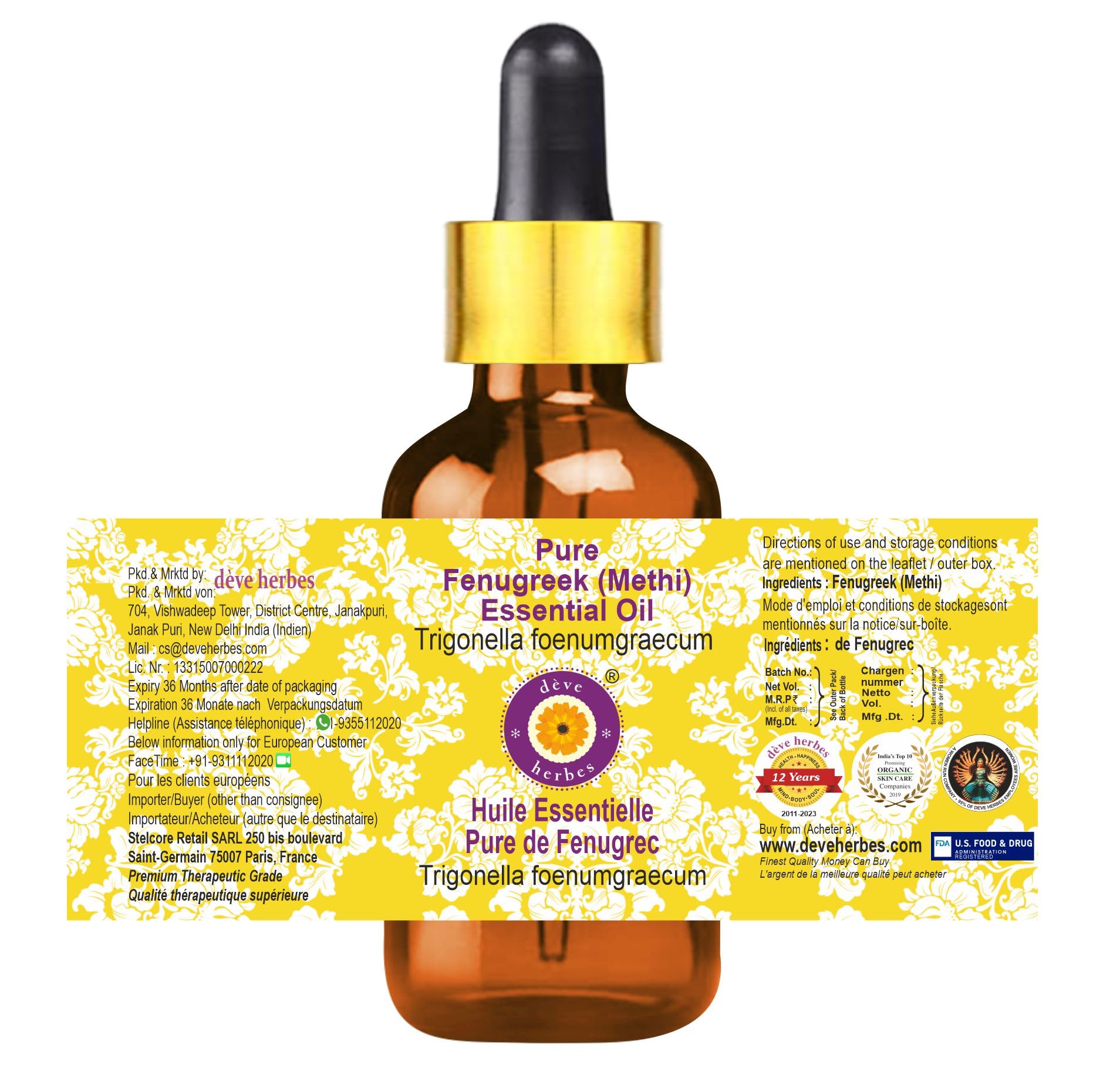Amber glass bottle emphasis for Deve Herbes fenugreek essential oil preservation and aroma
