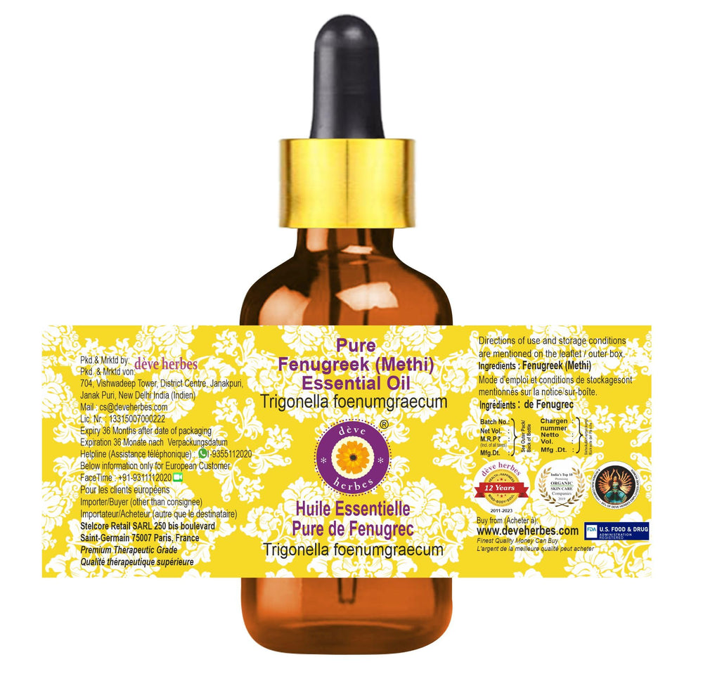 Amber glass bottle emphasis for Deve Herbes fenugreek essential oil preservation and aroma