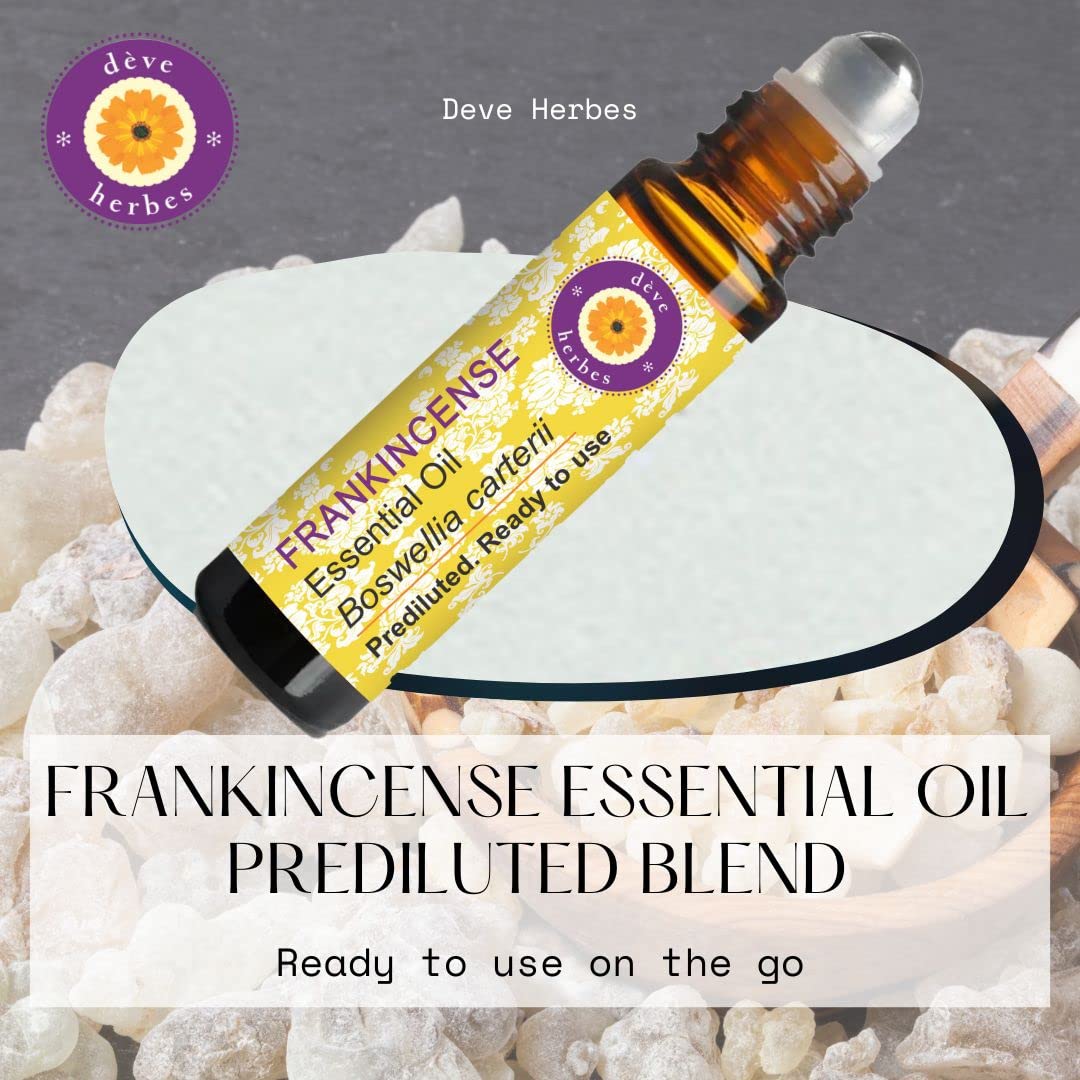 Deve Herbes frankincense roll-on applied on palms for quick inhalation and aroma release.