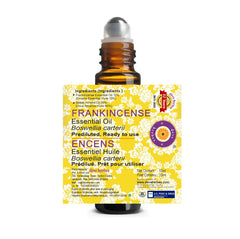 Close-up of the prediluted frankincense roll-on label showing ready-to-use blend.
