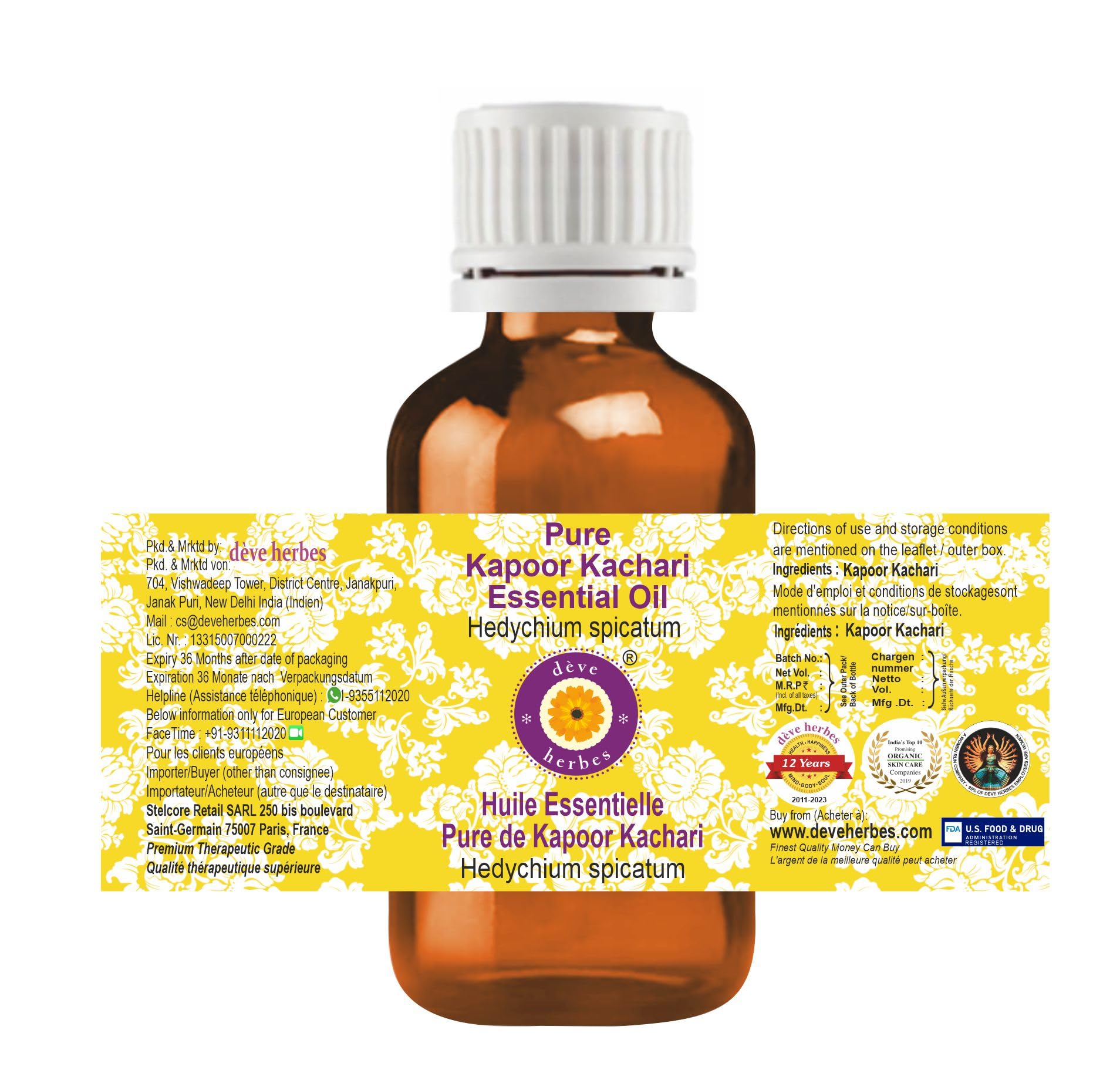 Front label view of Deve Herbes Kapoor Kachari oil for quick product recognition.