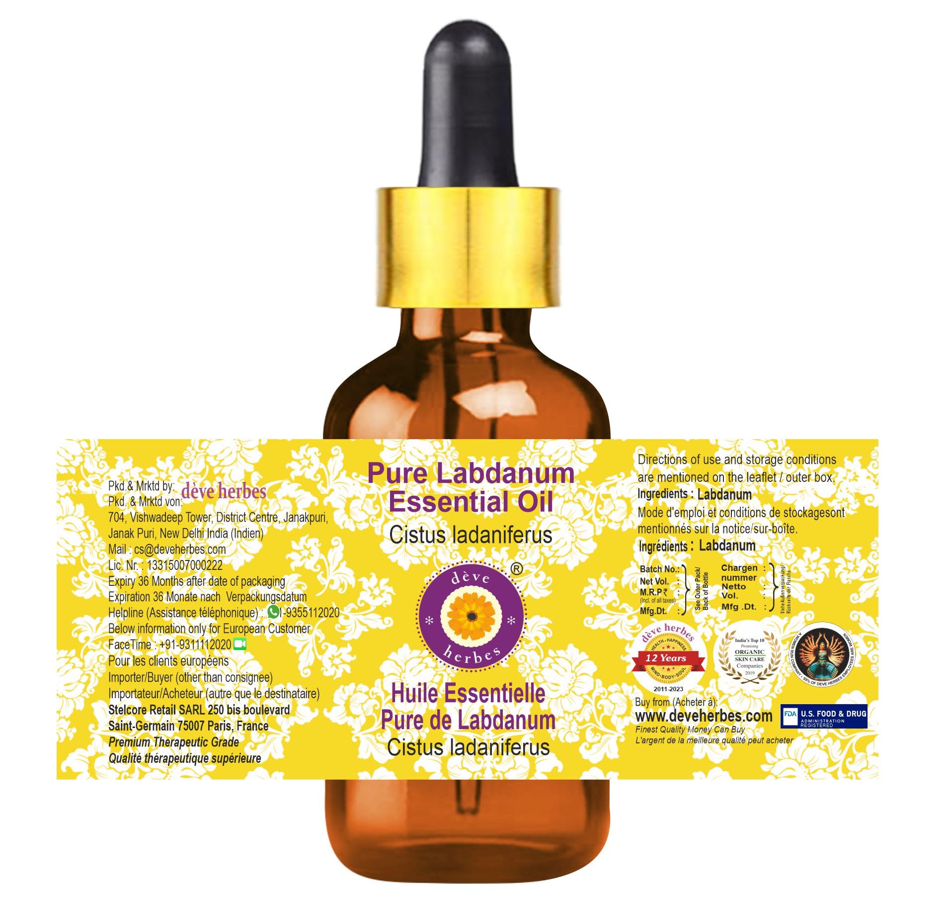 Deve Herbes Labdanum essential oil bottle cap detail.