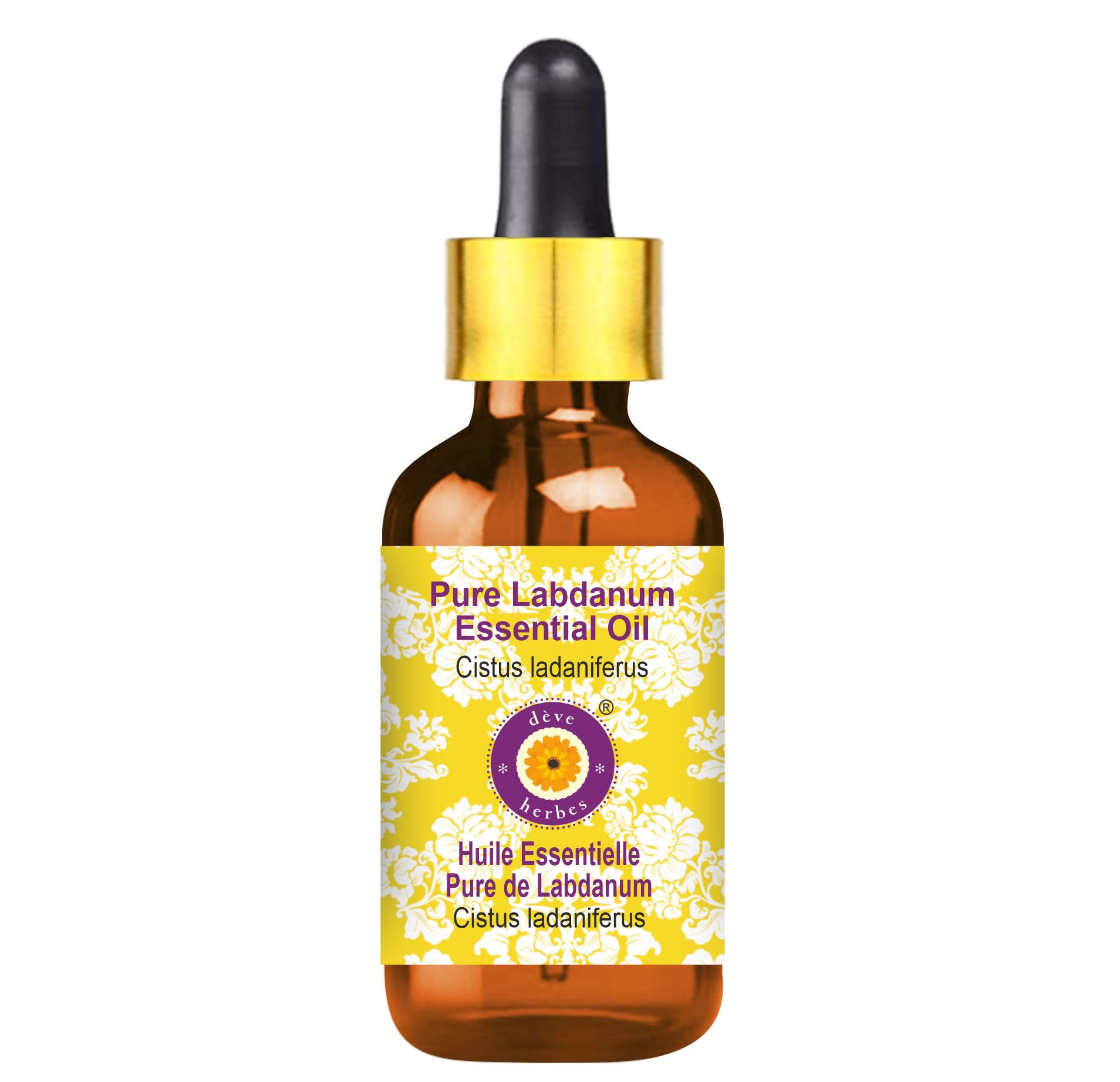 Deve Herbes Labdanum essential oil bottle front view for easy use.