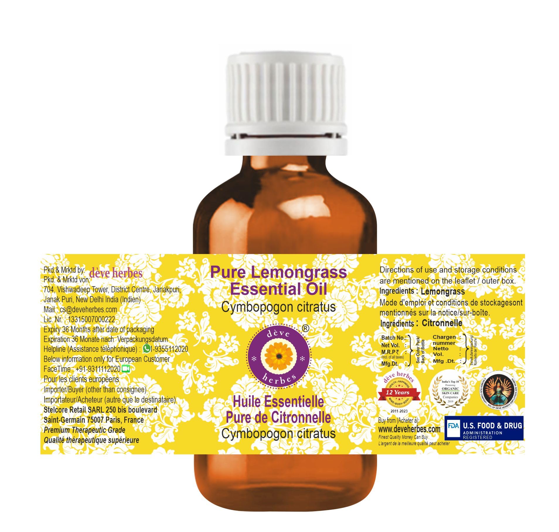 Deve Herbes lemongrass oil in amber glass bottle preserves potency.