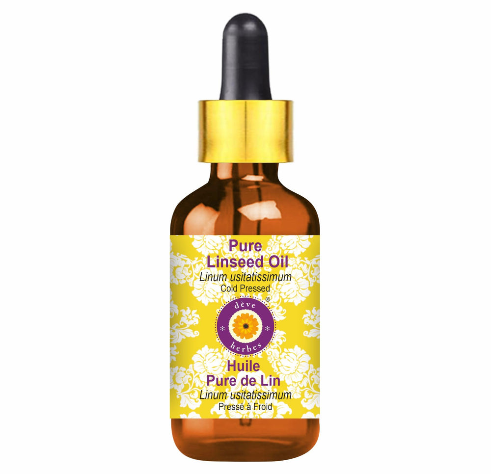 Deve Herbes Linseed oil in amber bottle with dropper for gentle skin nourishment.