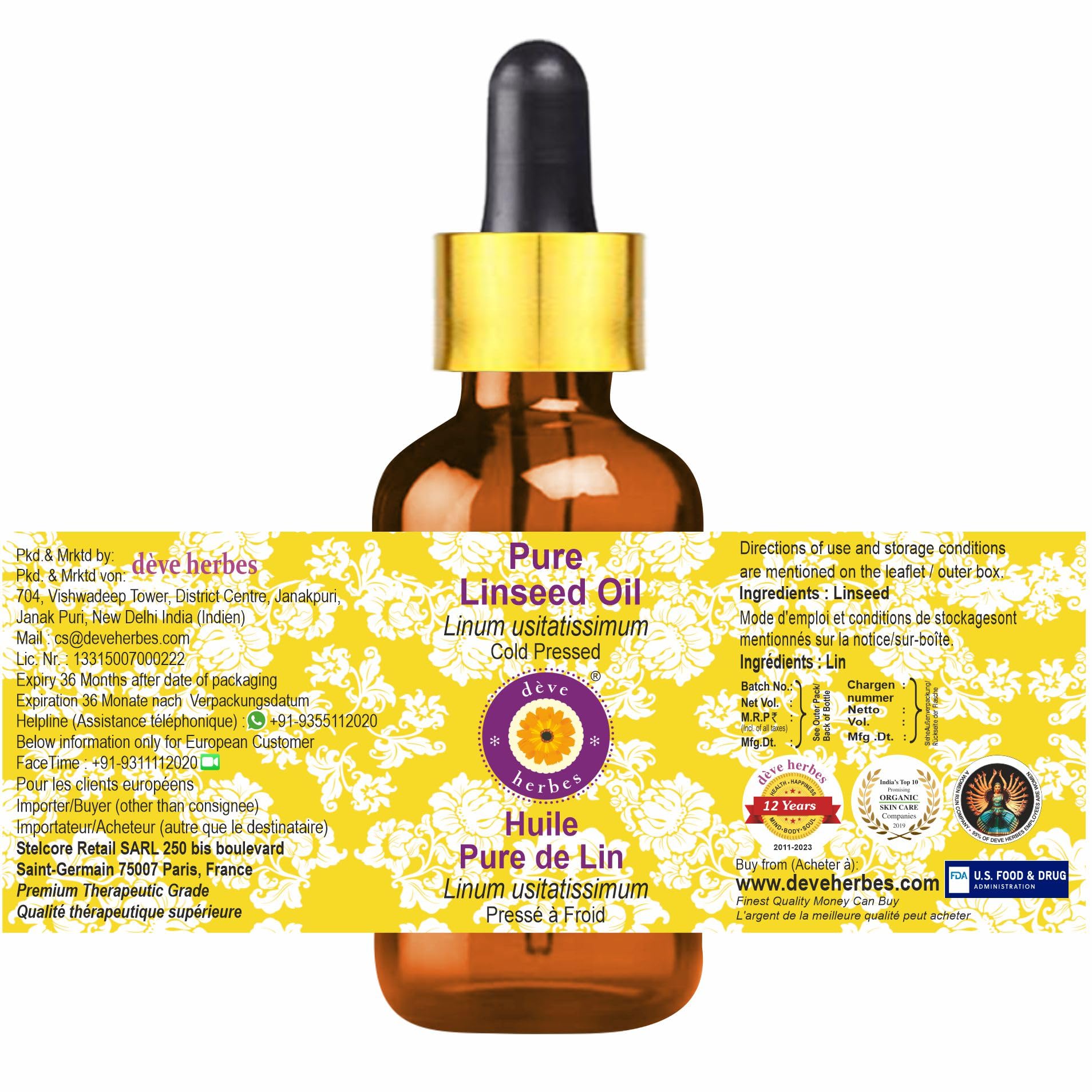 Deve Herbes Linseed oil pour bottle, ideal for easy dilution with essential oils.