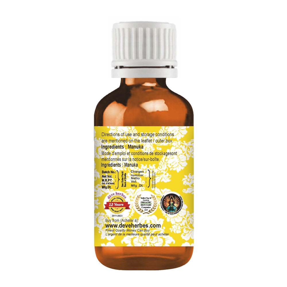 deve-herbes Manuka oil amber glass bottle preserves potency and longevity.