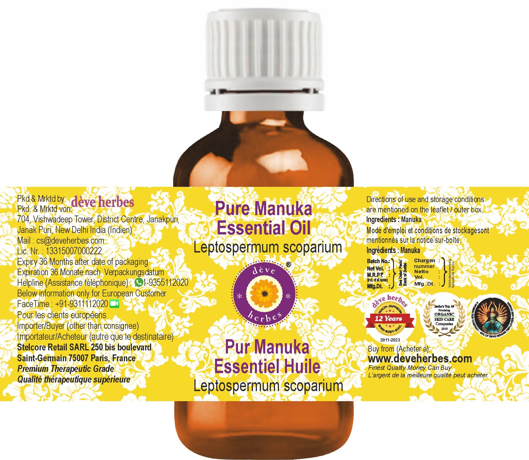 deve-herbes Manuka oil bottle with dropper, ready for controlled dilution.