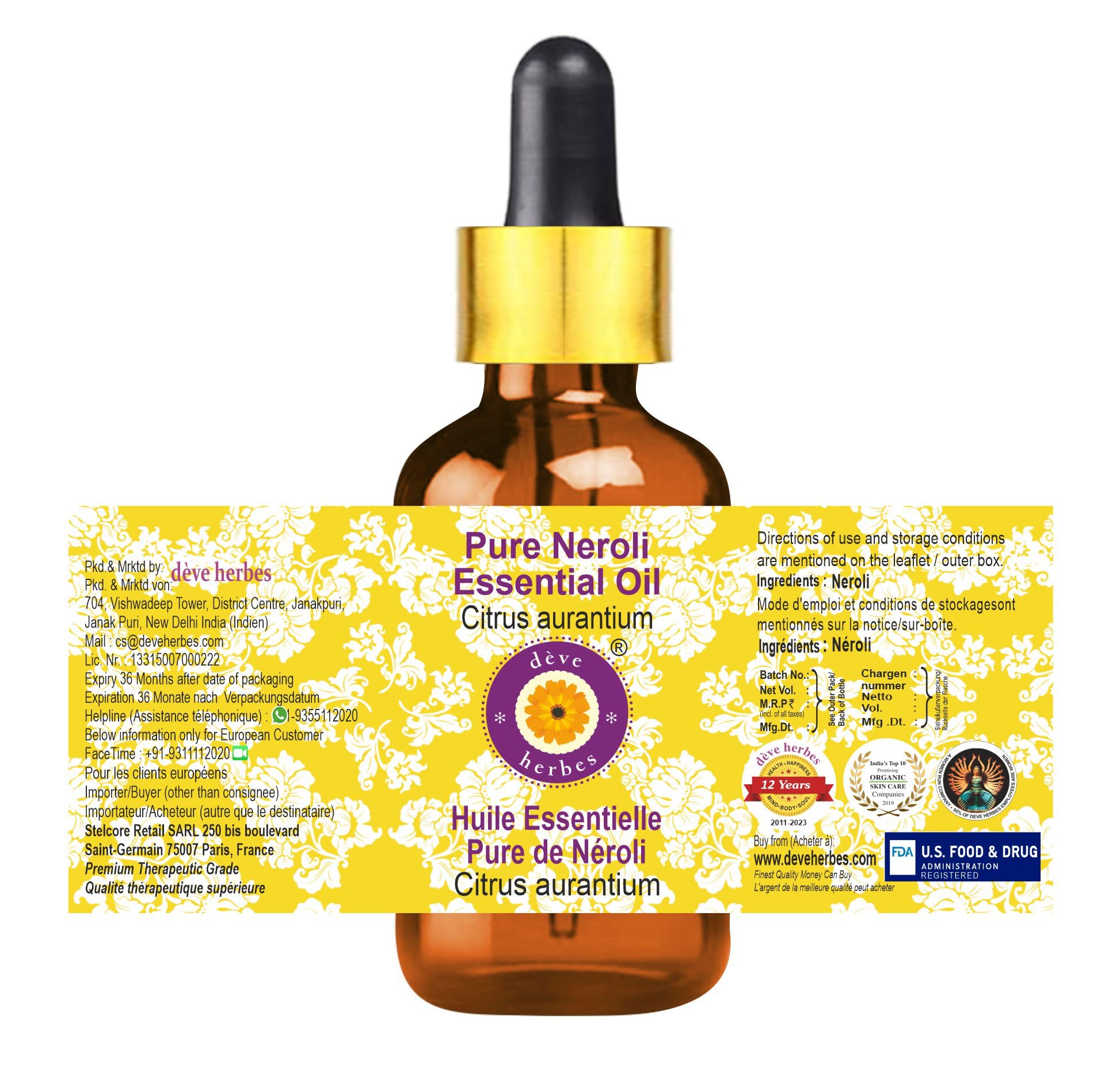 Steam distilled Neroli oil by Deve Herbes offers clear, pure aroma.