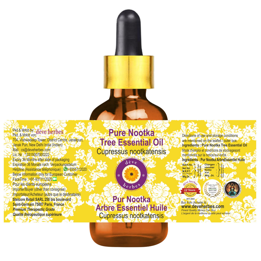 Steam-distilled Nootka Tree oil label indicating Cupressus nootkatensis origin