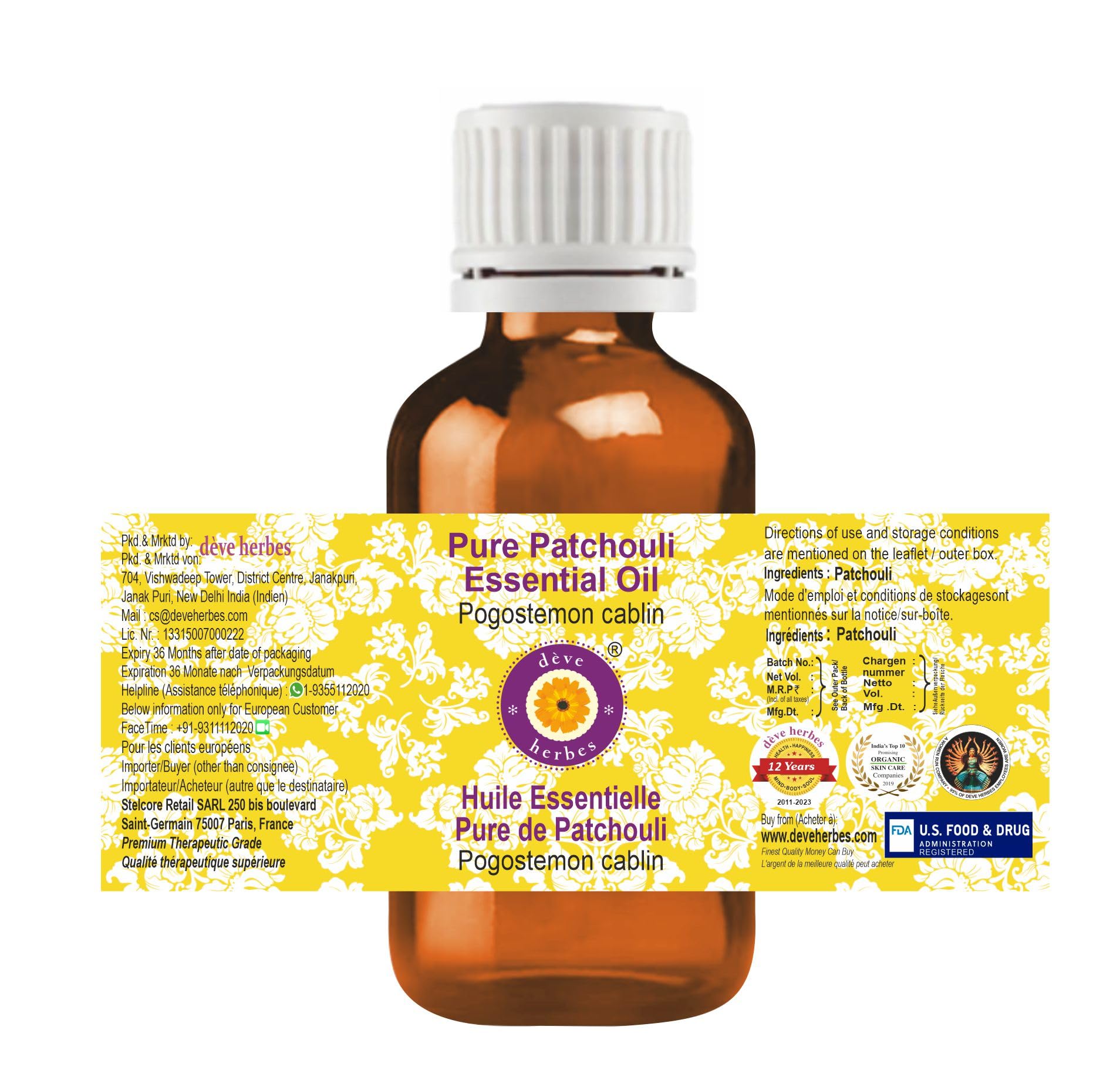 Steam-distilled Patchouli oil from Deve Herbes highlights purity.
