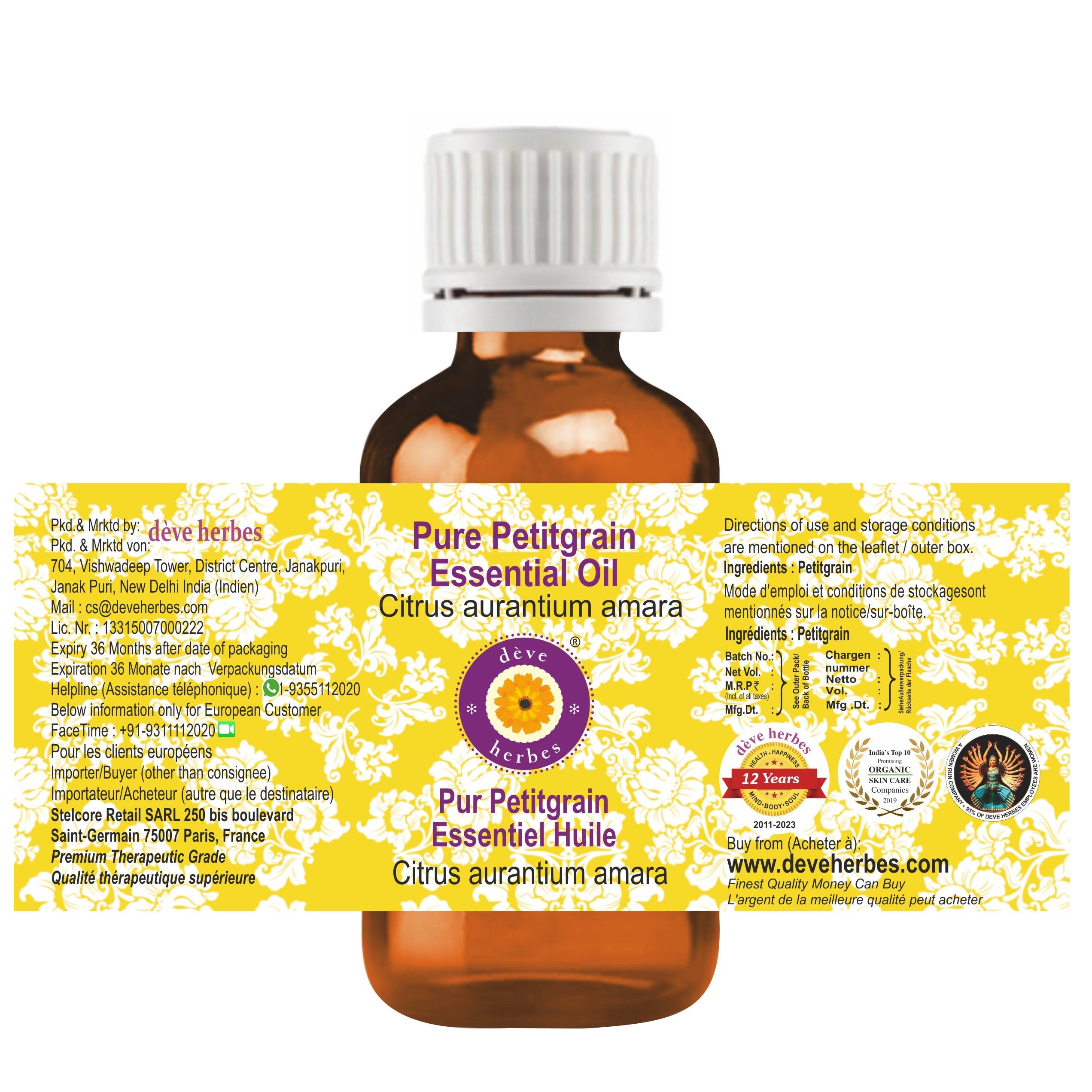 Amber glass bottle protects Deve Herbes Petitgrain oil and preserves freshness
