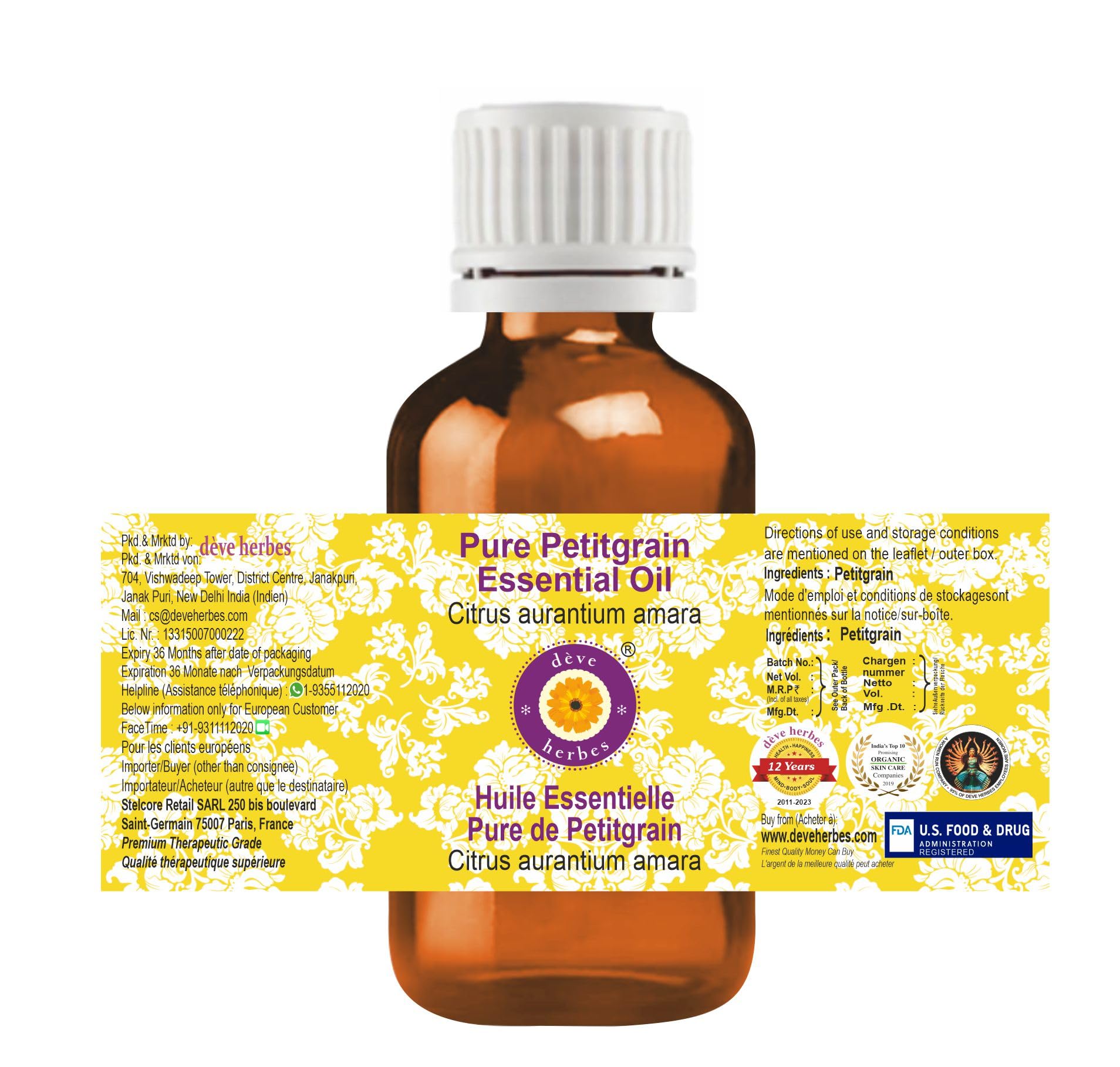 Deve Herbes Petitgrain bottle pour reveals bright citrus aroma for blends