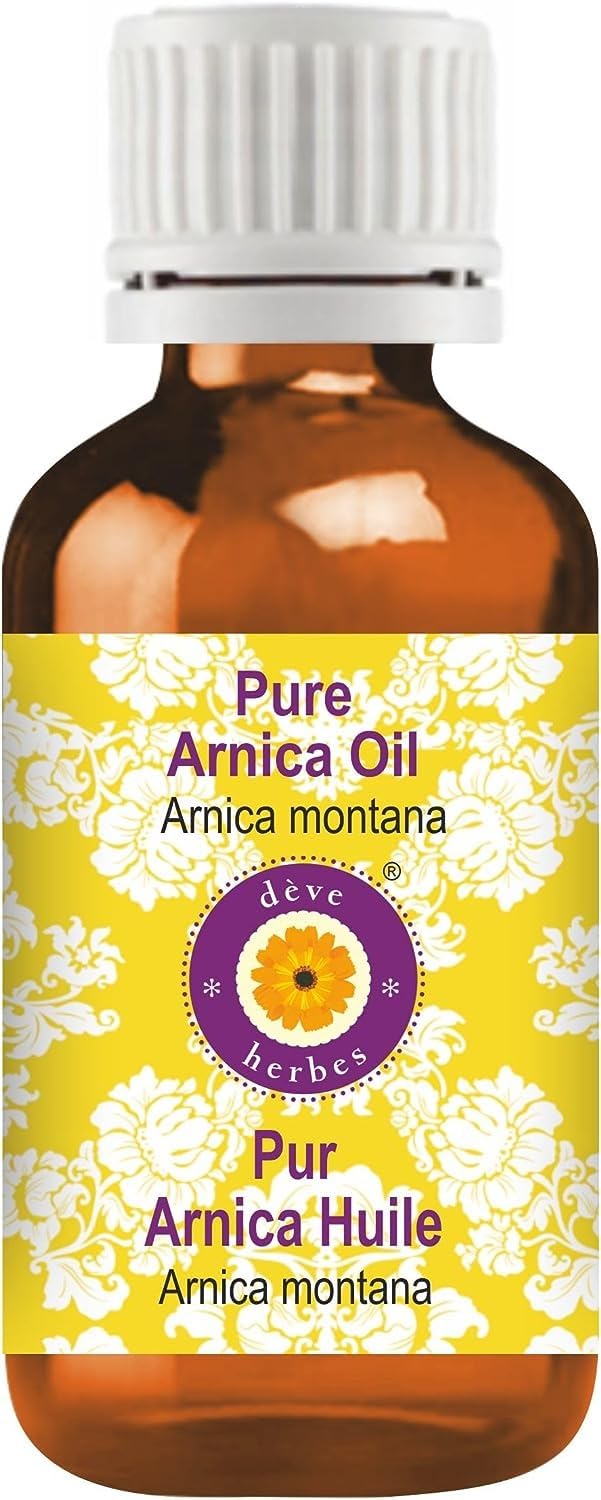 de8ve herbes Pure Arnica Oil in amber bottle ready for skin application