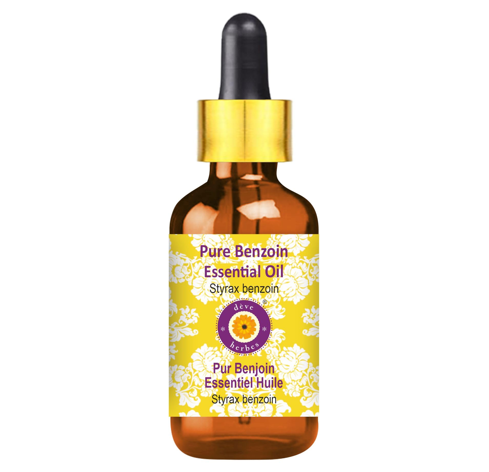 Deve Herbes benzoin oil bottle with dropper for precise aromatherapy application.