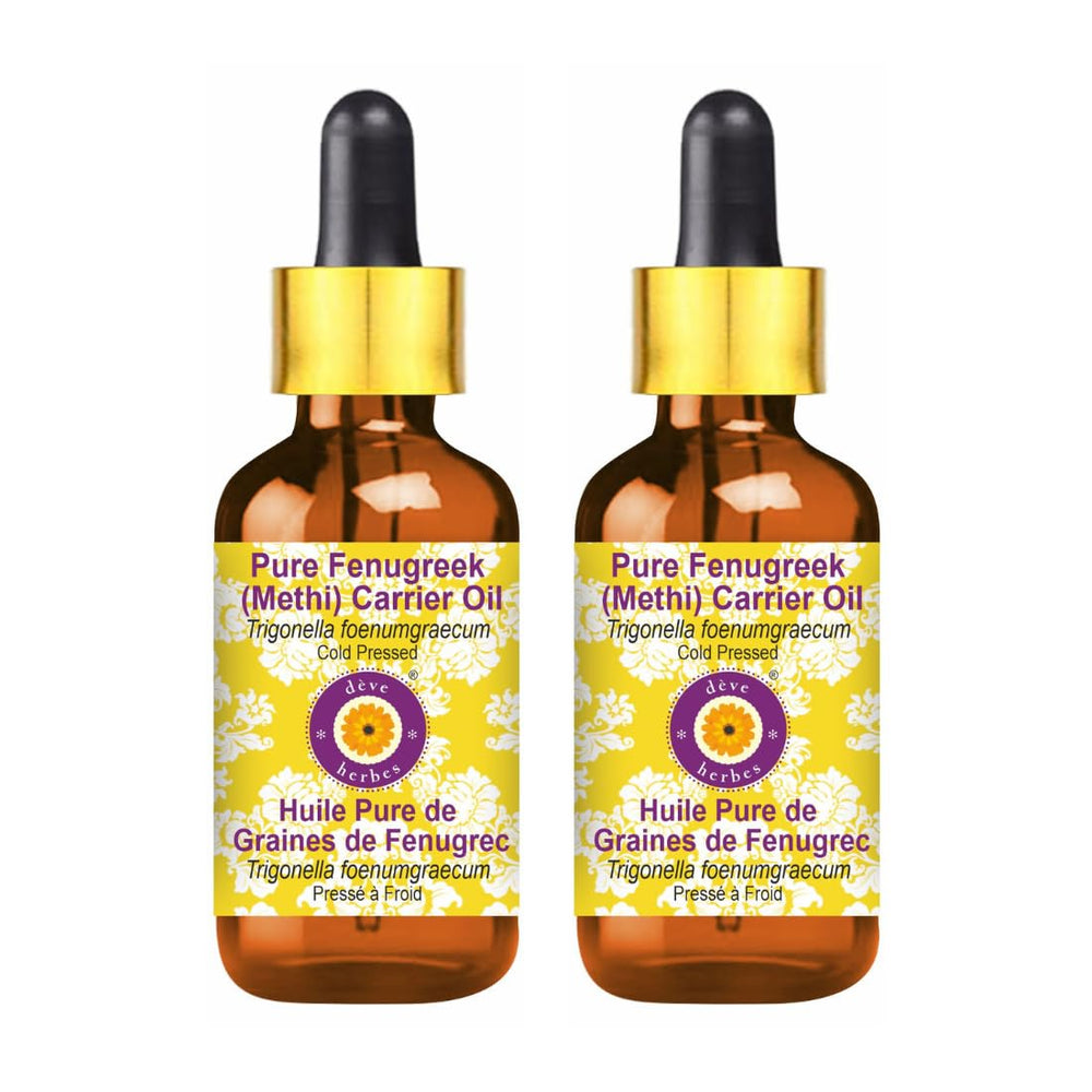 Deve Herbes Fenugreek oil bottle with dropper for skin and hair care.