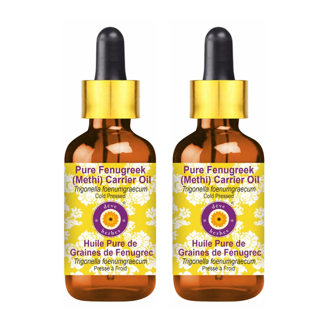 Deve Herbes Fenugreek oil bottle with dropper for skin and hair care.