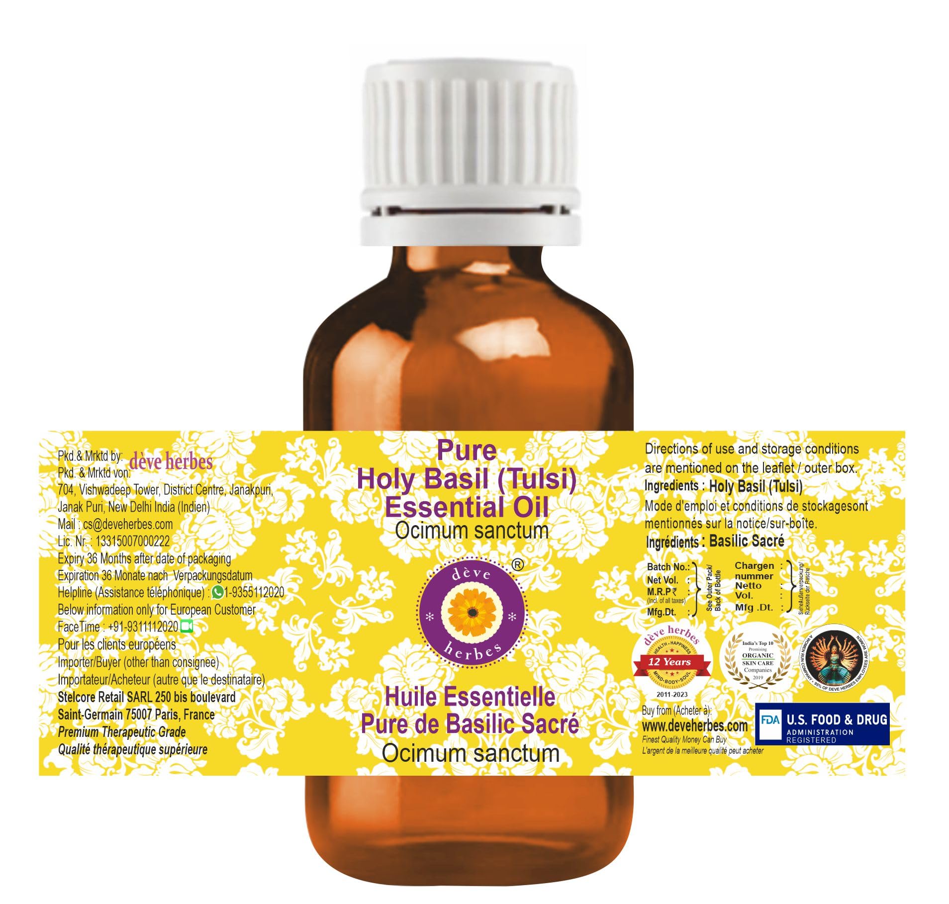 Label on Deve Herbes Holy Basil oil amber glass bottle signals purity and premium quality