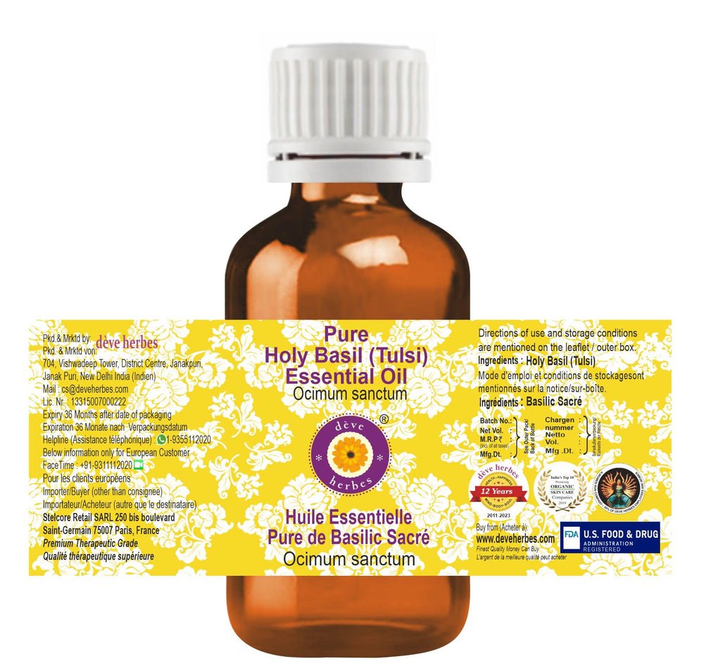 Label on Deve Herbes Holy Basil oil amber glass bottle signals purity and premium quality