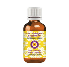 Deve Herbes Pure Lemongrass oil bottle close-up for skin care and aroma.
