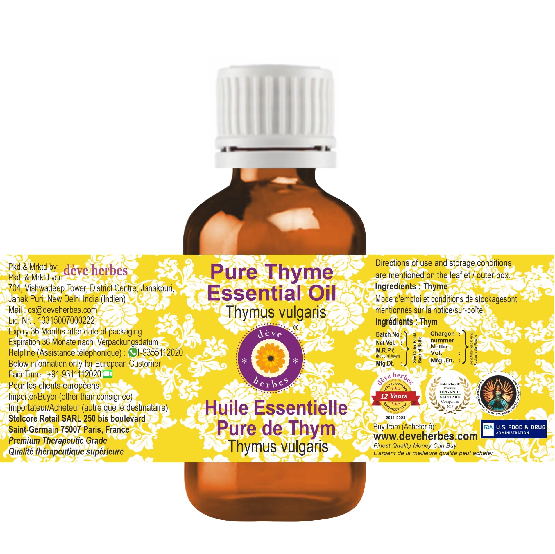 Deve Herbes thyme oil label closeup highlighting purity and single-ingredient formula.