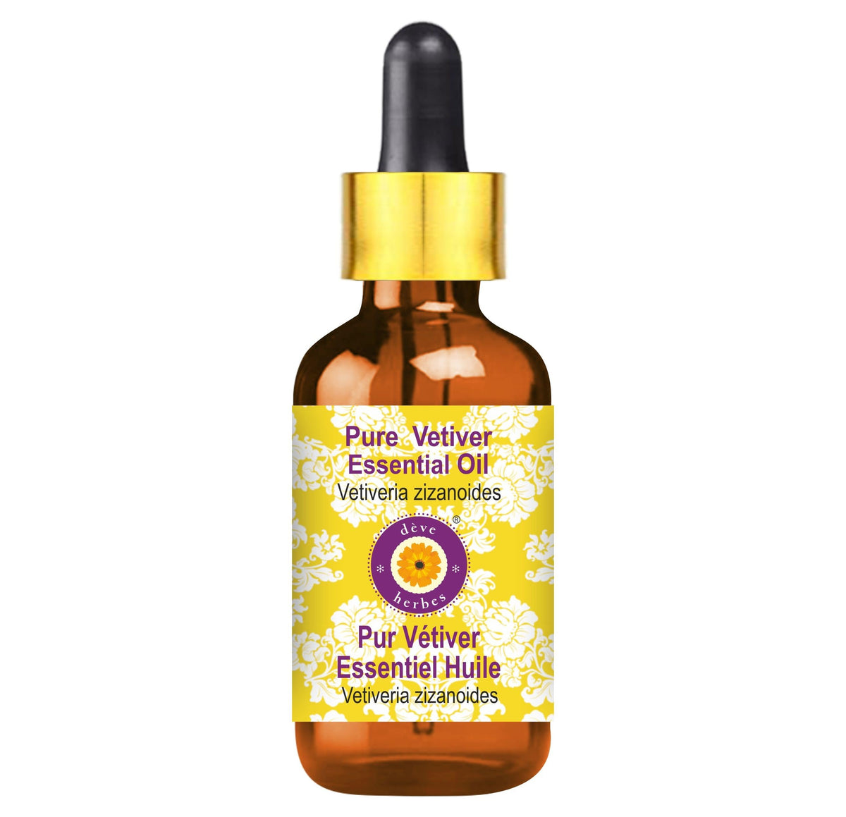 de8ve herbes Vetiver essential oil bottle with glass dropper for precise dilution.