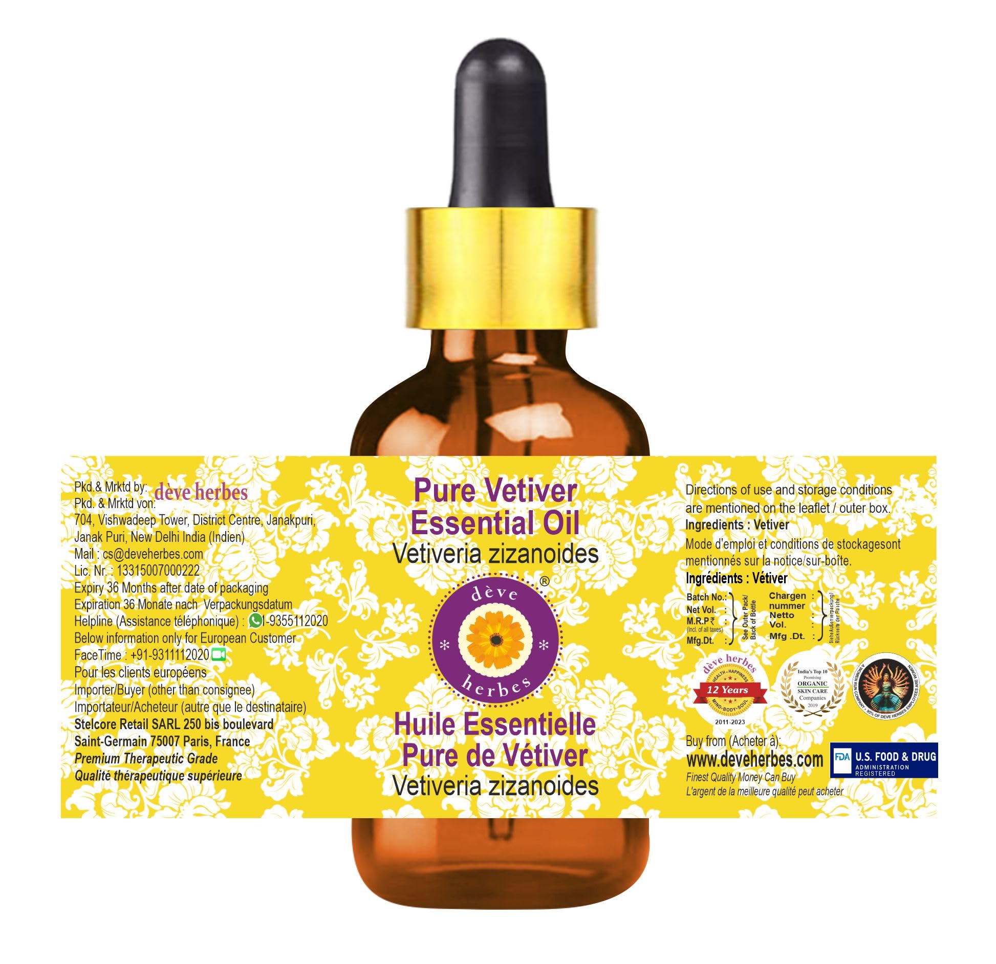 Deve Herbes Pure Vetiver Oil droplet on skin demonstrates safe daily facial care.