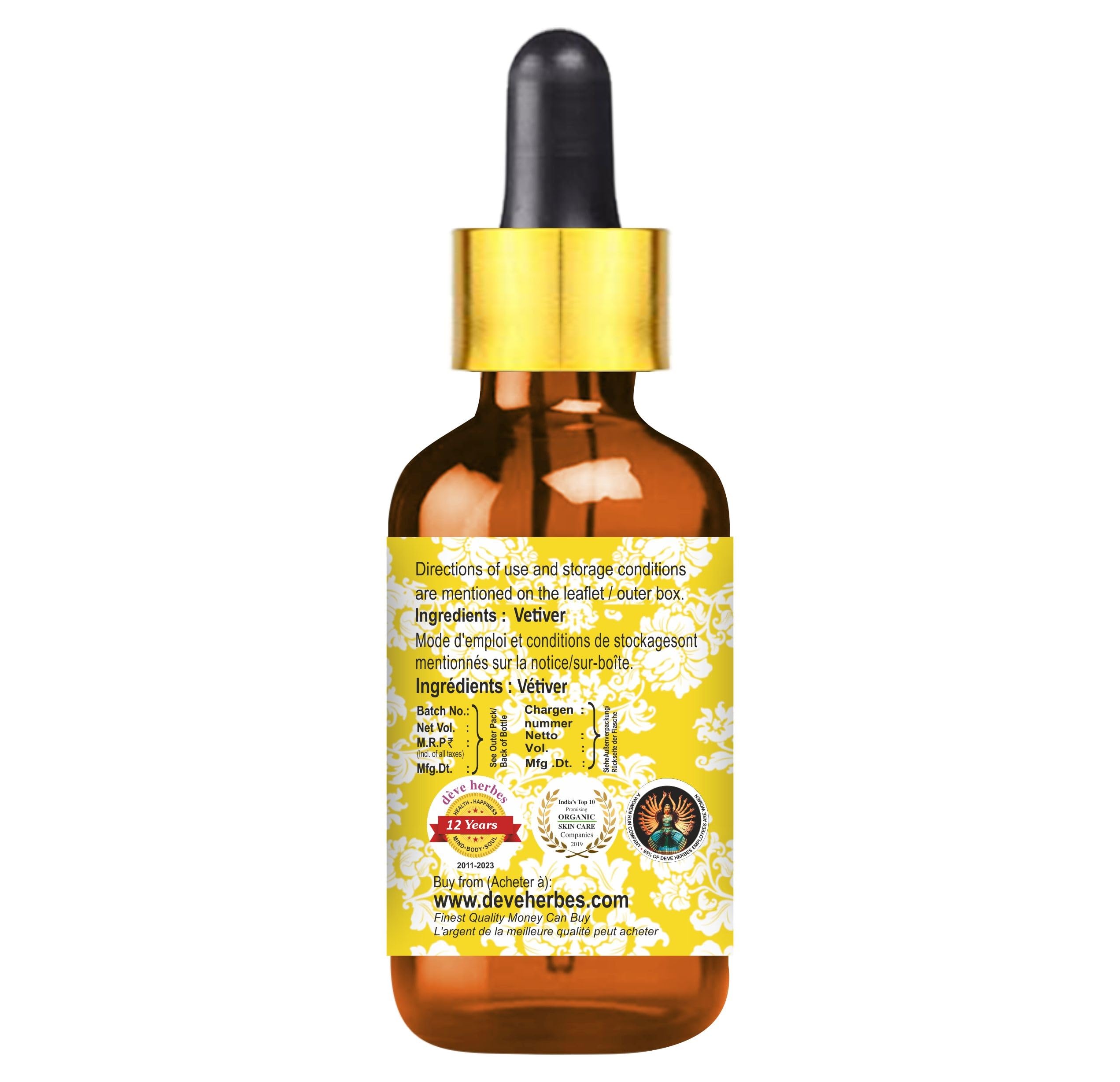 de8ve herbes Vetiver essential oil steam-distilled for pure aroma.