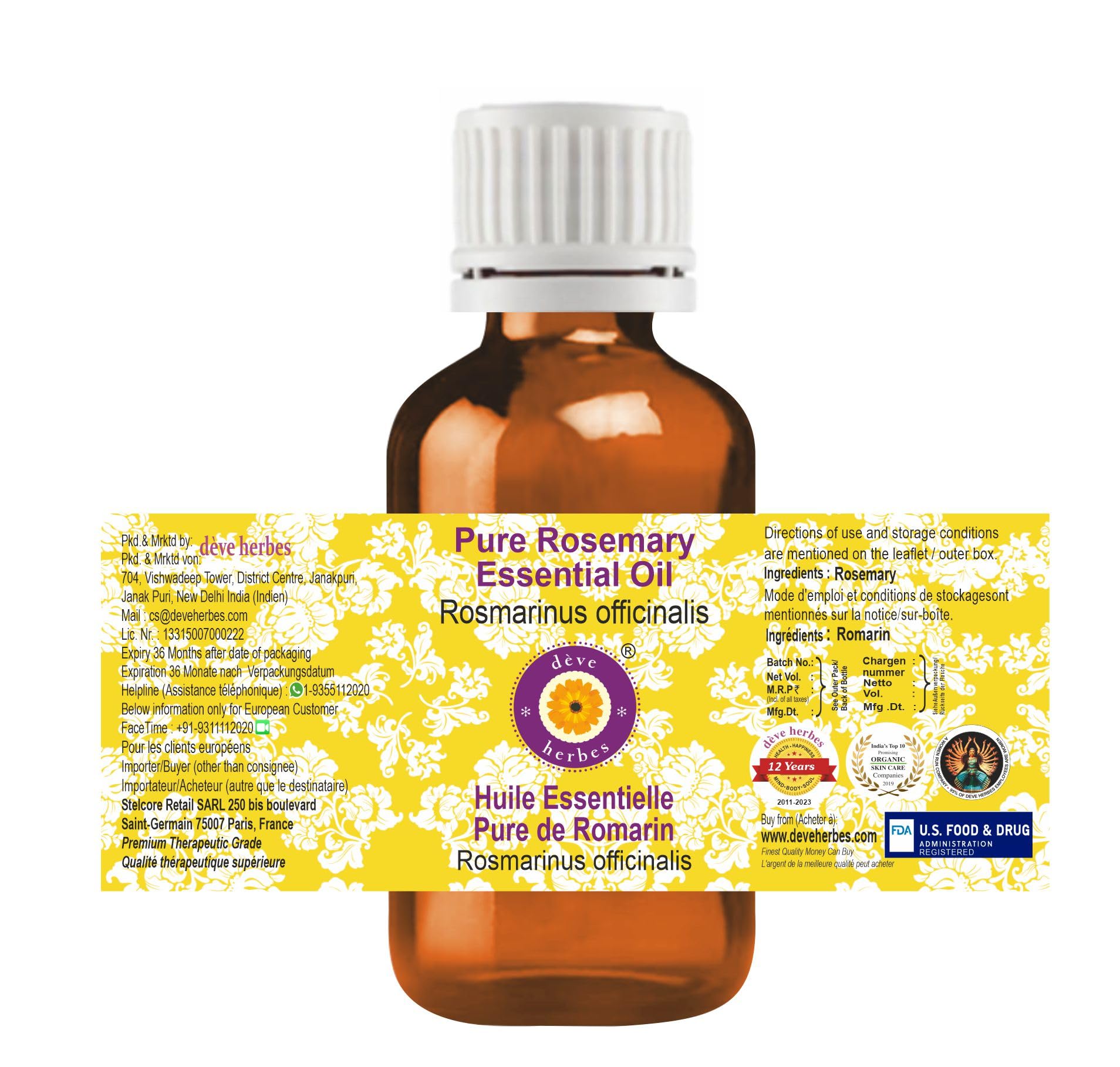 Deve Herbes Rosemary Oil label detail highlighting steam-distilled purity for cosmetics use.