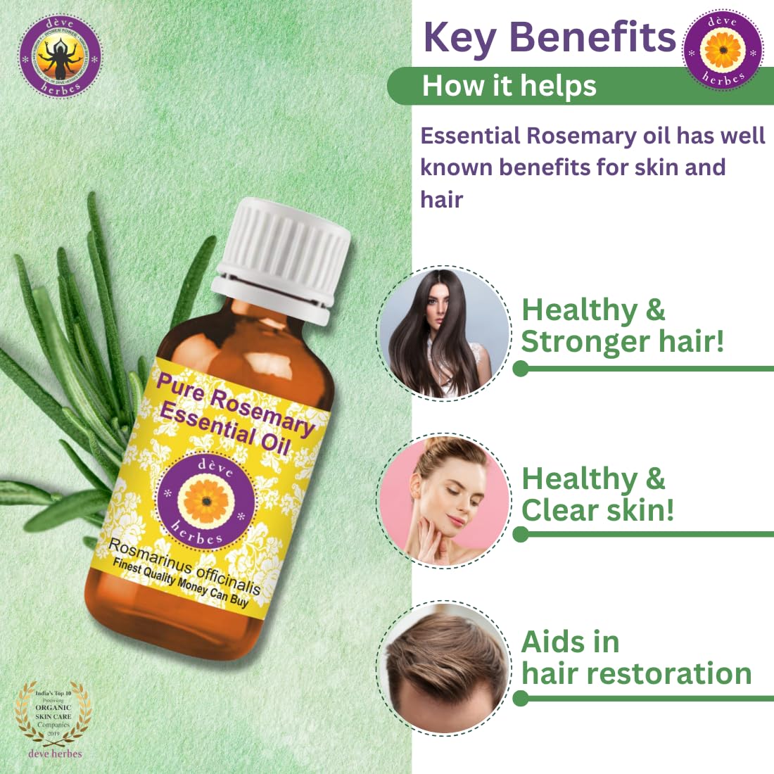Deve Herbes Rosemary Oil in glass bottle used for skin and hair care routines.