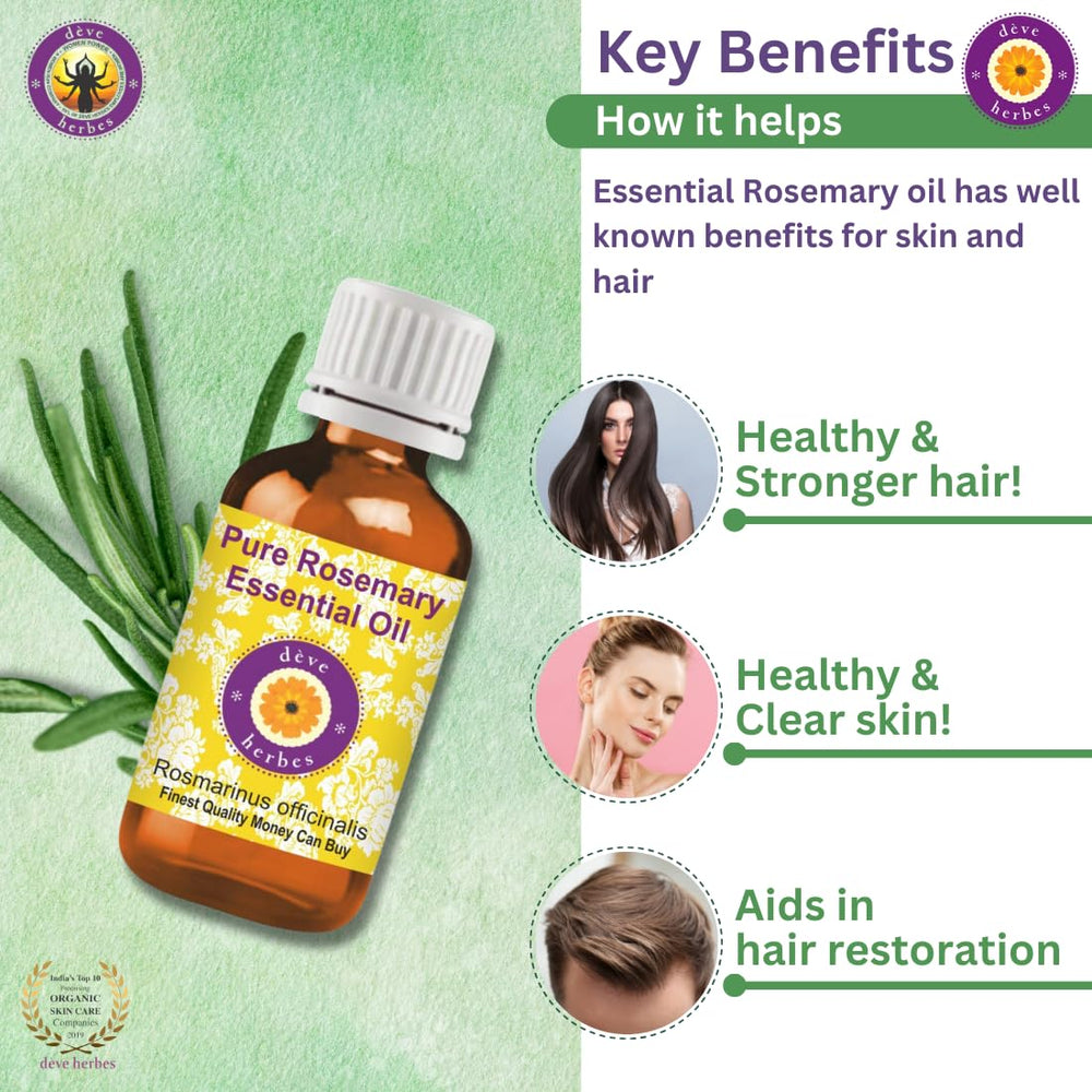 Deve Herbes Rosemary Oil in glass bottle used for skin and hair care routines.